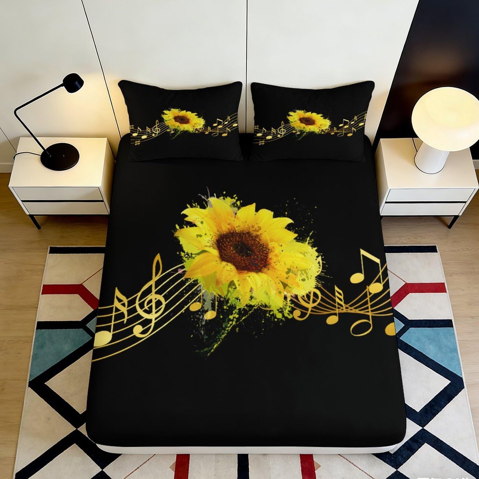 3D Printed Sunflower Music Fitted Sheet Microfiber Bedroom Deep Pocket Non-Slip Sunflower Mattress Fitted Cover for Adults Teens 90x200x25cm