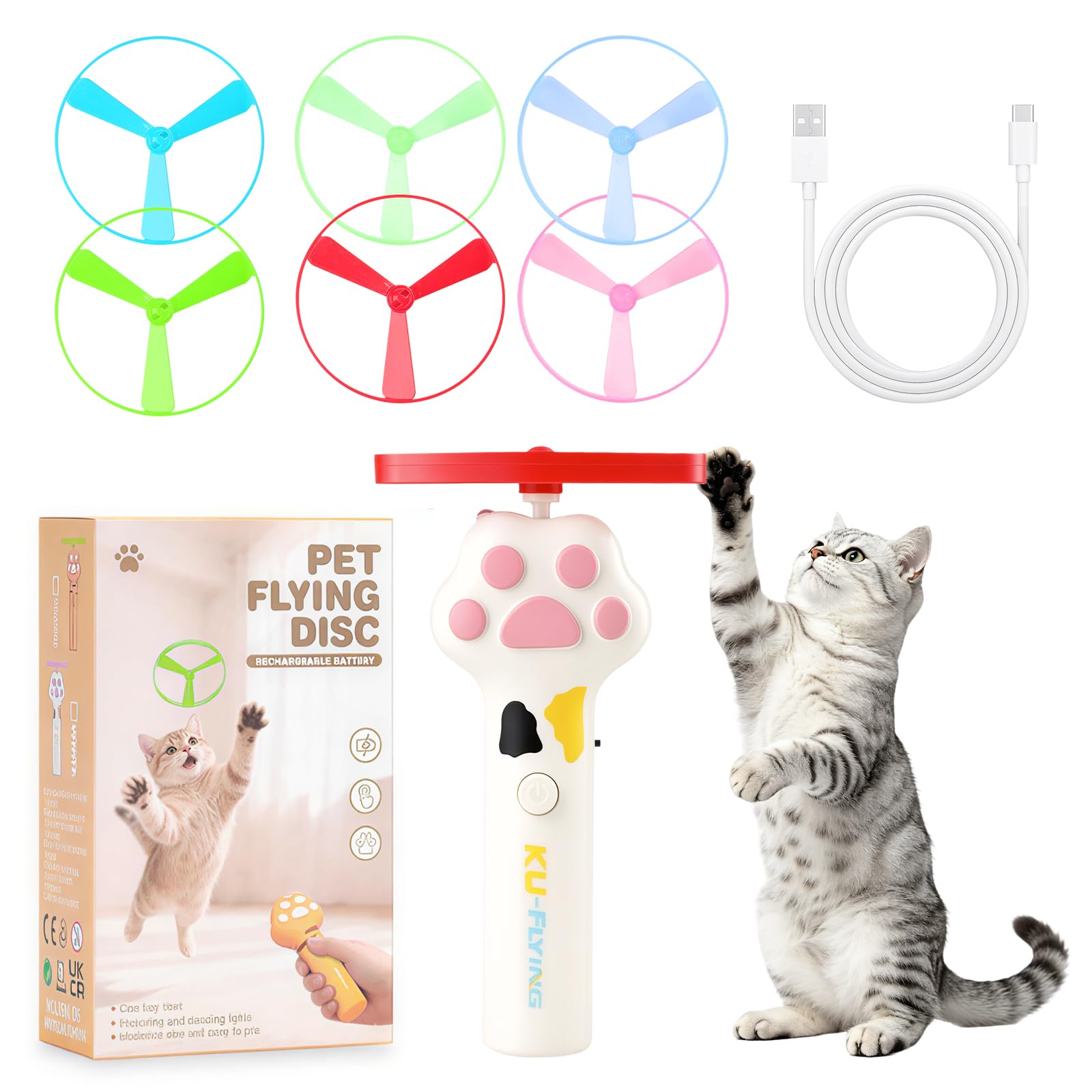 YdseozOA 7 pcs Interactive Cat Toy,Cat Fetch Toy Pet Toy for Cats, 1 White Launcher and 3 Normal Frisbees and 3 Glow-in-the-Dark Frisbees, for Interactive, Training, Chasing, and Tag