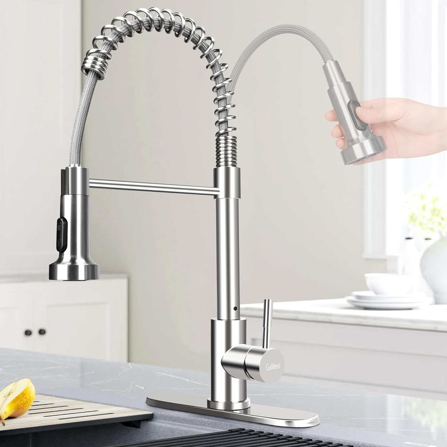 GuiMemi Kitchen Faucet with Pull Down Sprayer, Spring Single Handle Kitchen Faucets, Brushed Nickel Stainless Steel Kitchen Sink Faucet, High Arc Pull Out Kitchen Sink Faucets