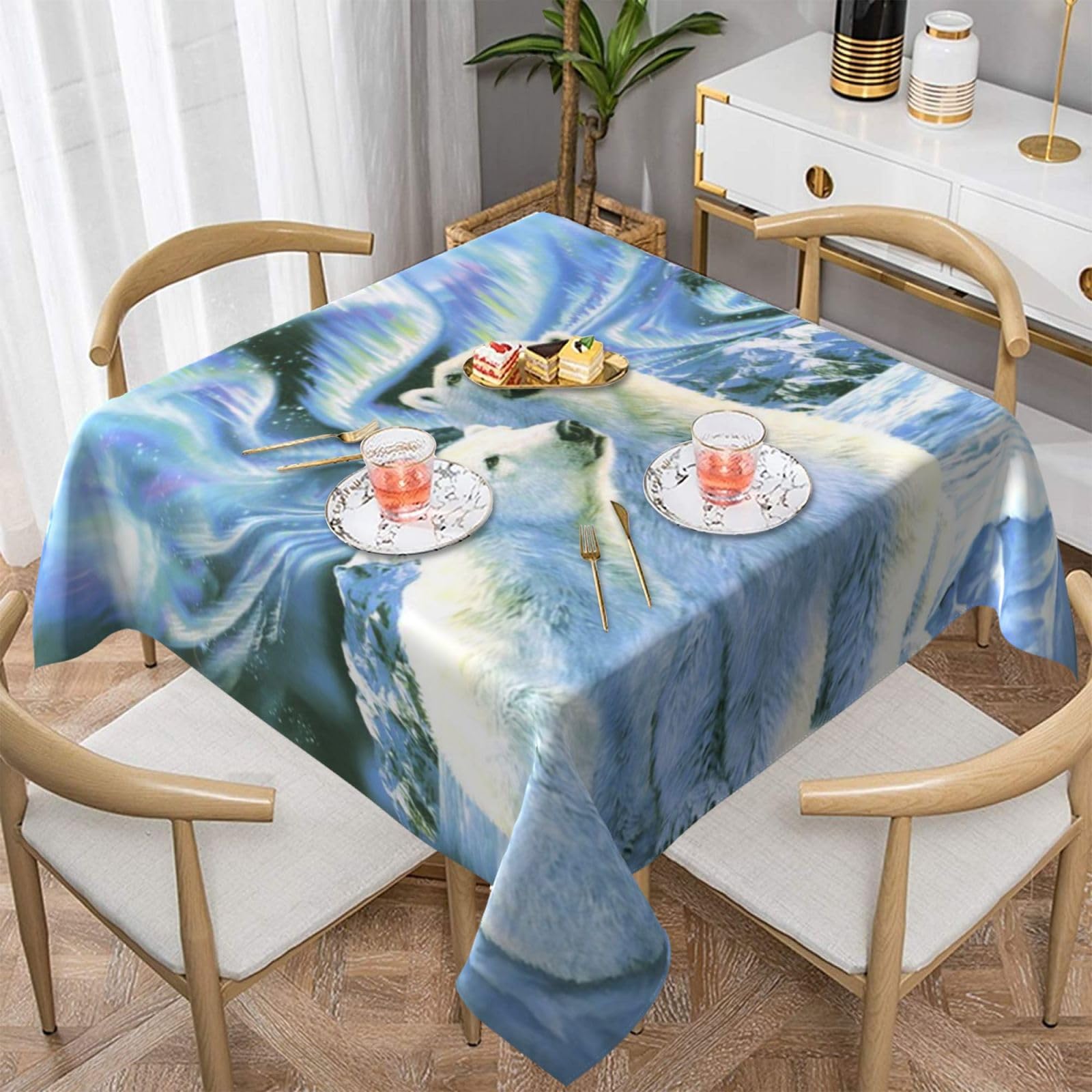 DCEHGEW Polar Bears Northern Lights Prints Square Tablecloth 137x137 CM, Waterproof Fabric Table Cloth for Dining Table, Farmhouse Table Cover for Kitchen Dining Tabletop Decoration