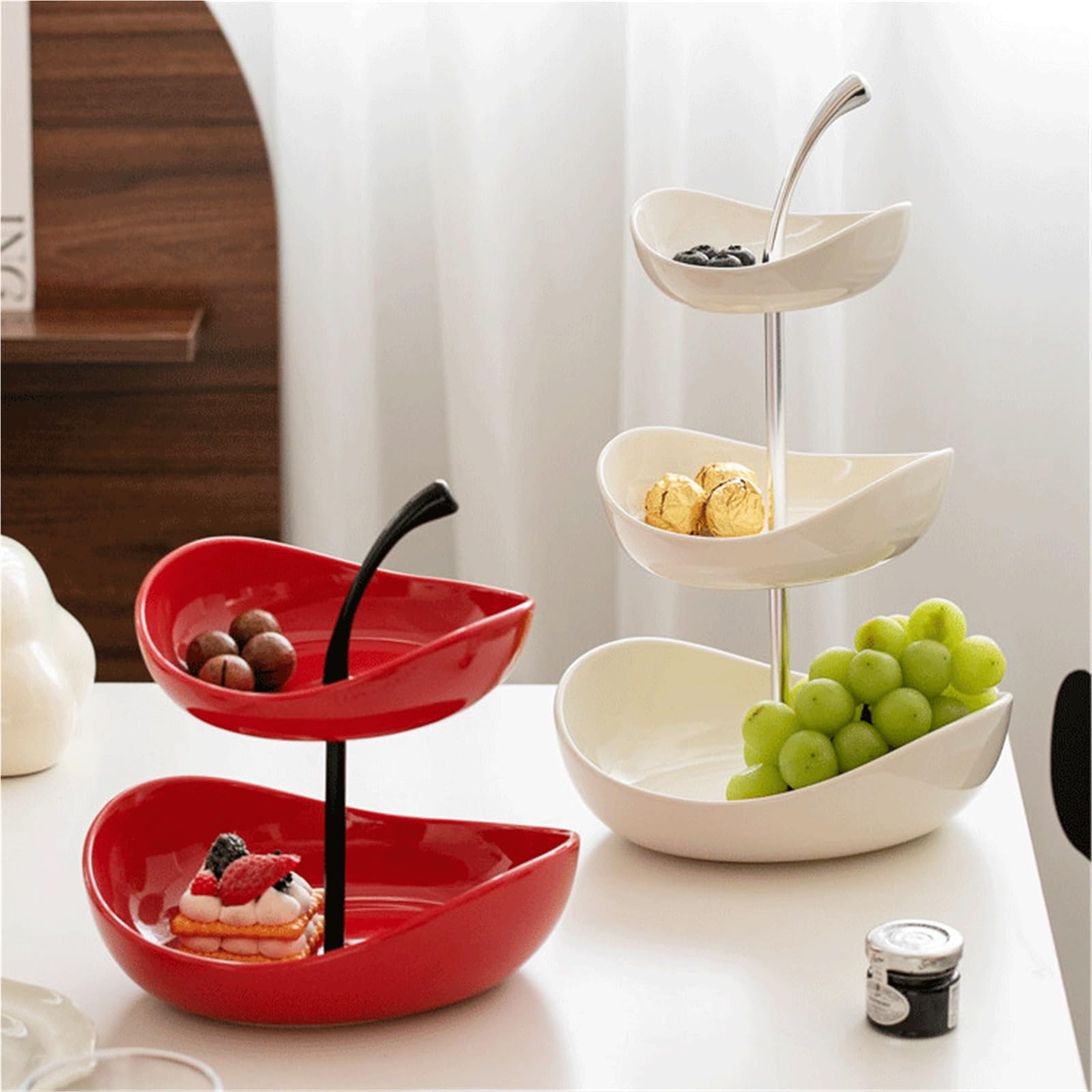 Wieża wystawowa ciast Minimalistyczny ceramiczny dwupoziomowy/wielopoziomowy stojak na ciasto, stolik kawowy do salonu, półmisek serwowania, talerz cukierki Stojak na ciasto(Biały,Duży)