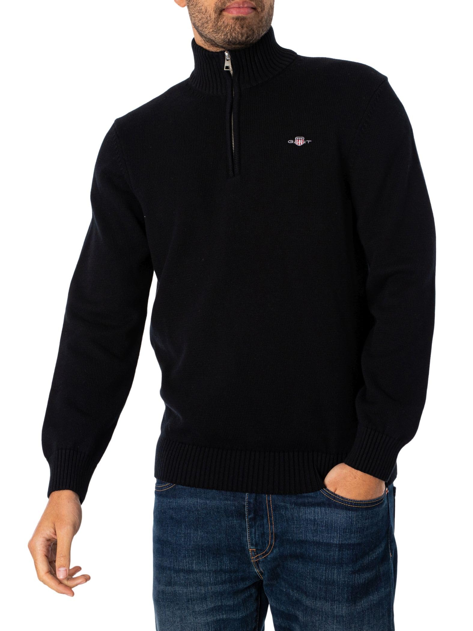 GANT Men's Casual Cotton Half-Zip Pullover, Black, Standard, Black, 4XL