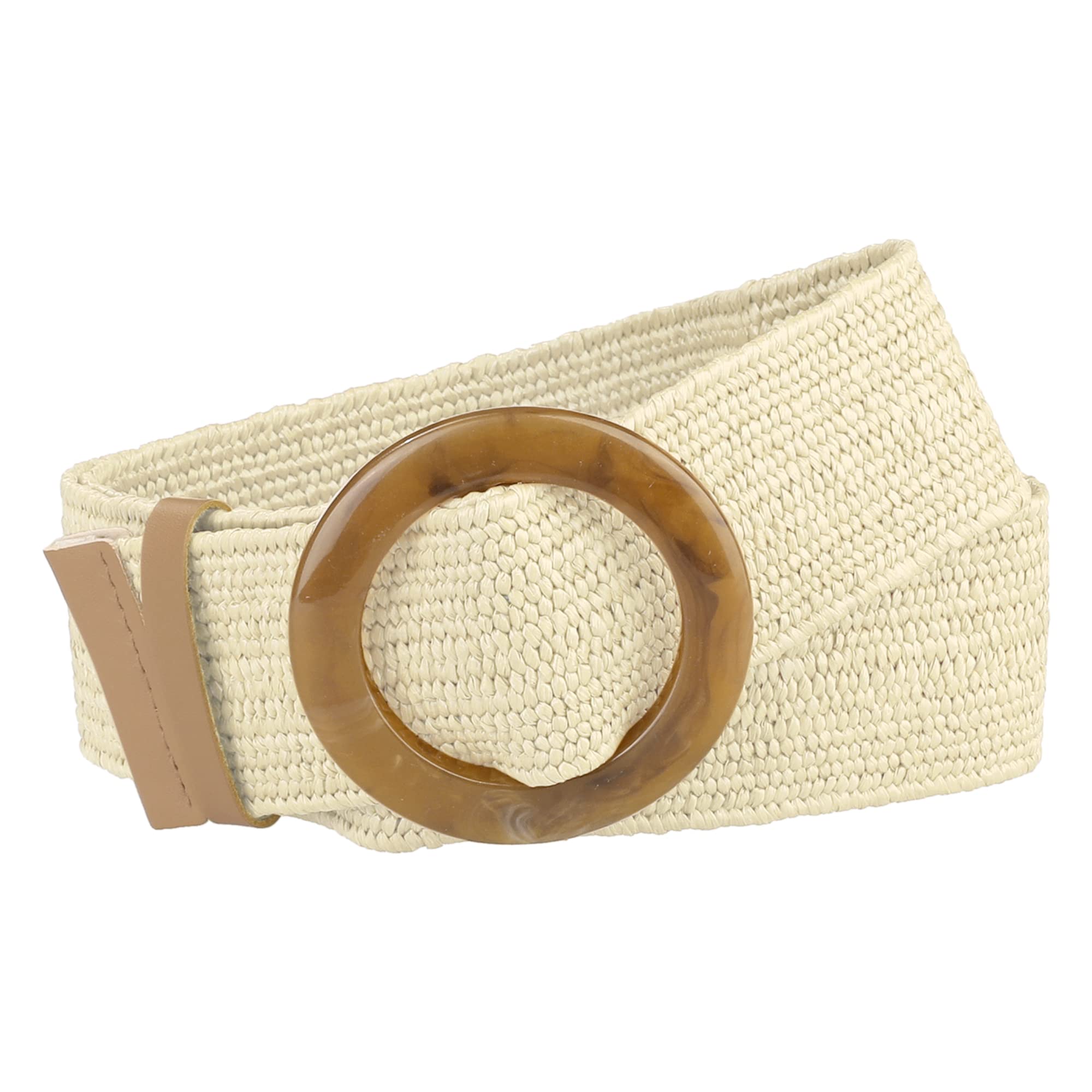 Elerevyo Womens Woven Wide Stretch Belts, Straw Rattan Round Buckle Elastic Belts Waistband for Dress Beige 60-85cm/23.62-33.46"