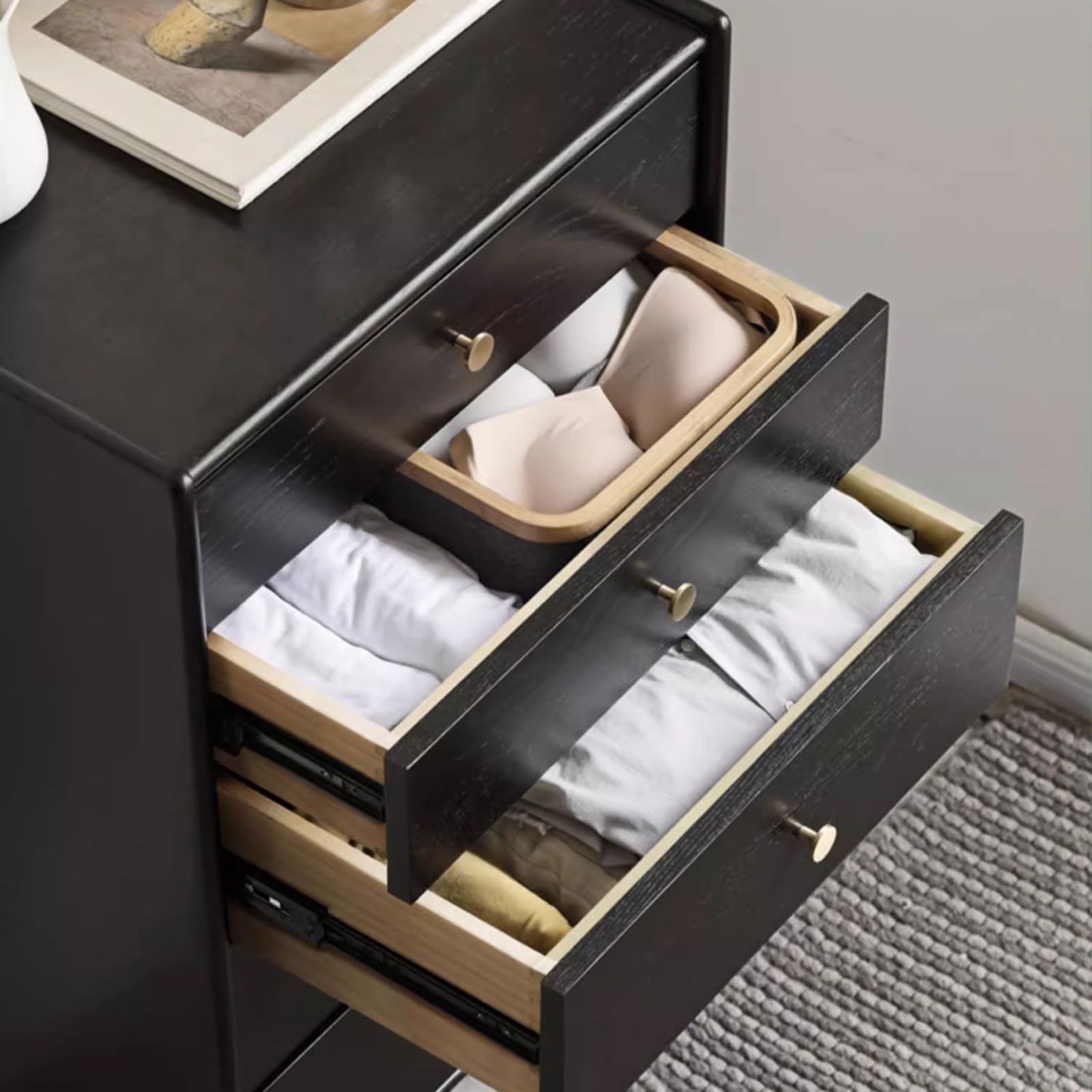 Cómoda Cajones Cajonera Alta con Almacenamiento Cómoda de Dormitorio de Madera Maciza contra la Pared Cómoda de Madera de Fresno Negro Cómoda de 5 cajones for Pasillo, Entrada Cajonera