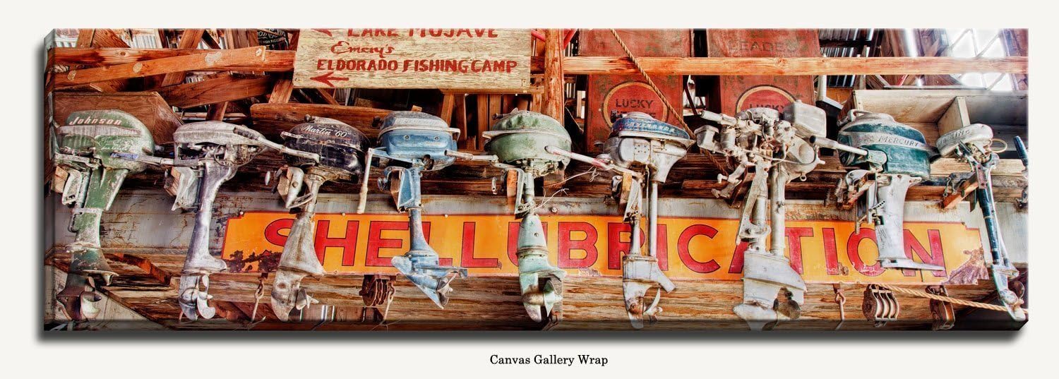 Bob Estrin Handmade 12 X 36 Inch Panoramic Canvas Gallery Wrapped Wall Art Decor Photograph of Vintage Trolling Outboard Boat Motors at a Nevada Ghost Town