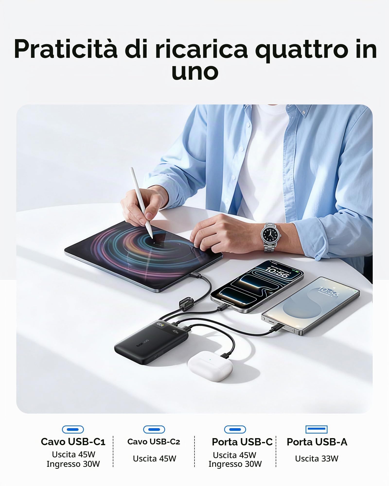 Baseus FC11 Powerbank 45W 10000mAh con 2 cavi USB-C Integrati, Mini Power Bank Ricarica Rapida con Certificato CCC, Caricatore Portatile per iPhone 17/16/15 Pro Max, Samsung Galaxy S25/S24, iPad, Nero