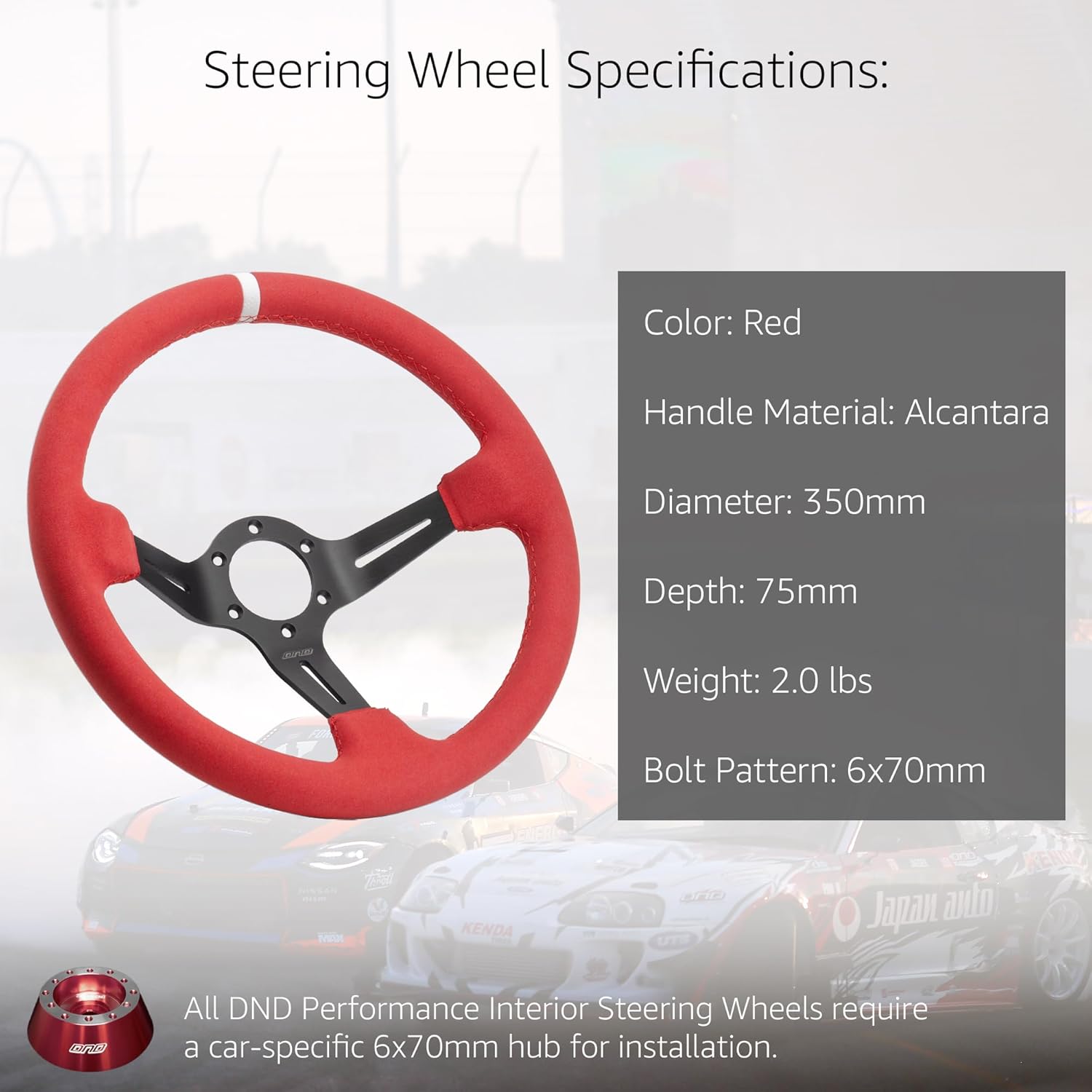 DND Performance Interior's Full Color Suede Race Wheel / 350mm Diameter and 75mm Depth / 6x70mm Bolt Pattern/Suede Racing Steering Wheel with Horn Button Included (Red)