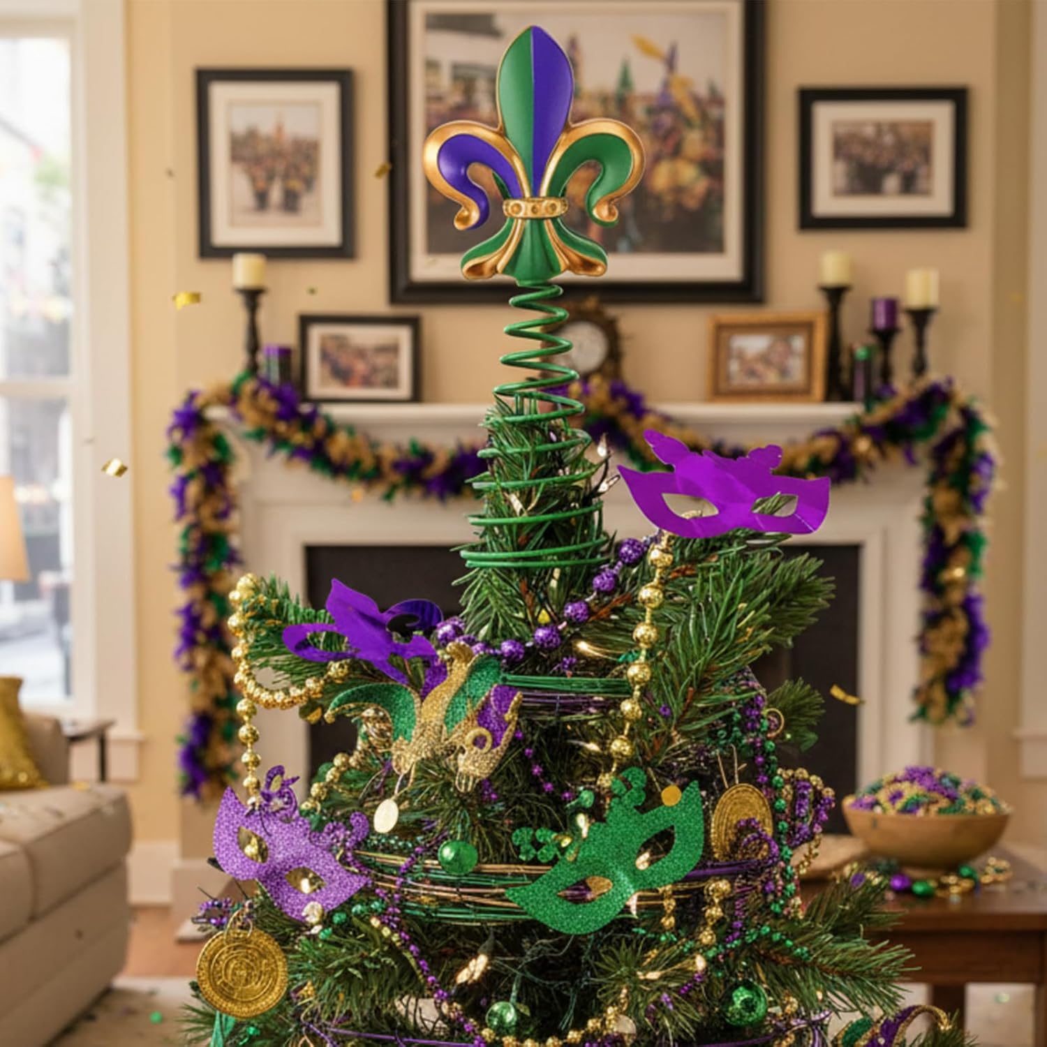 Daifunli 5" Mardi Gras Mini Tree Topper Mardi Gras Party Fleur De Lis Decorations Retro Purple Green Gold Metal Glitter Tree Topper for Carnival Party Holidays Ornaments Decorations 1 Retro Carnival