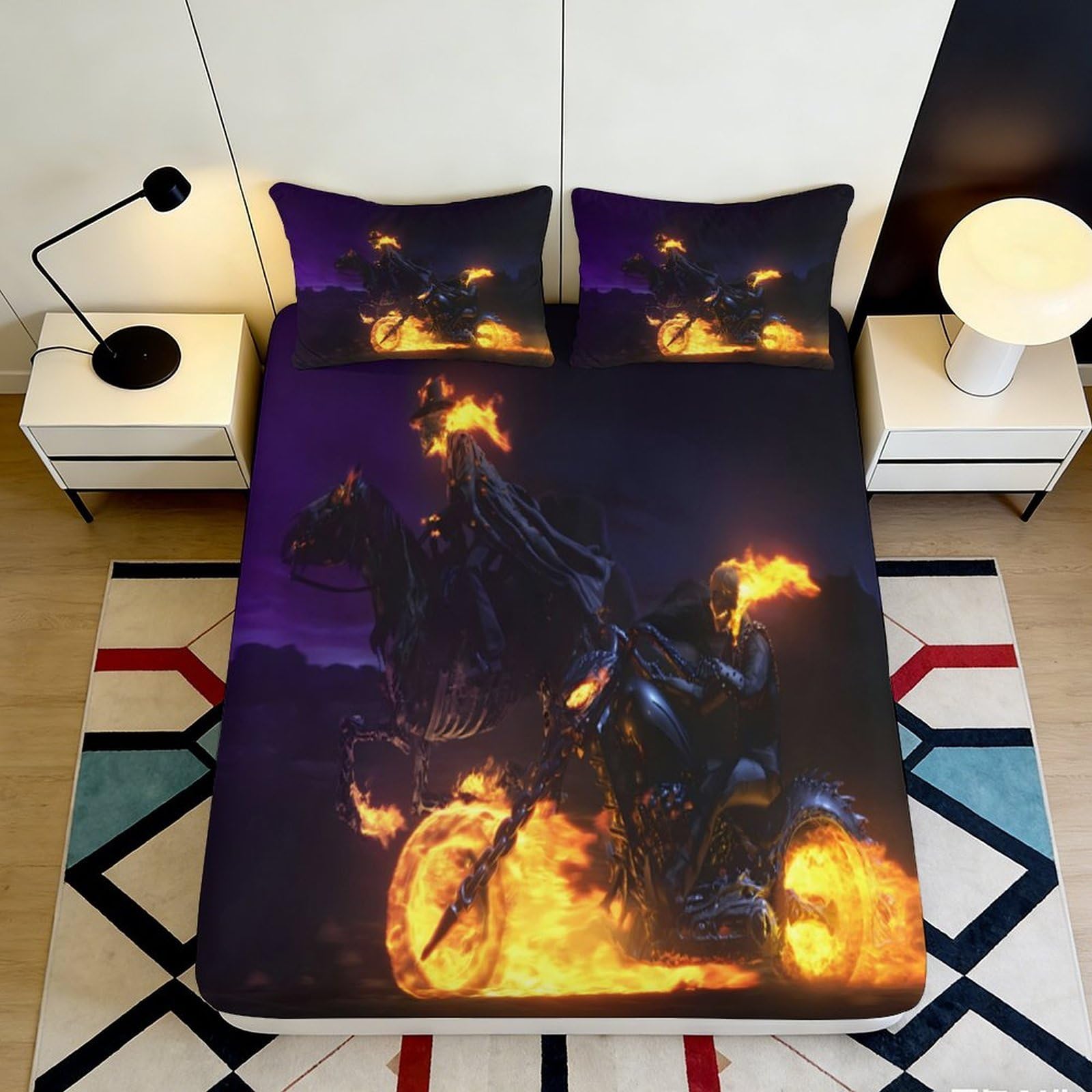 3D Printed Flaming Rider Fitted Sheet Microfiber Soft Black Ghost Horse Bed Cover for Bedroom Dorm Mattress Protection Decor 200x200x25cm
