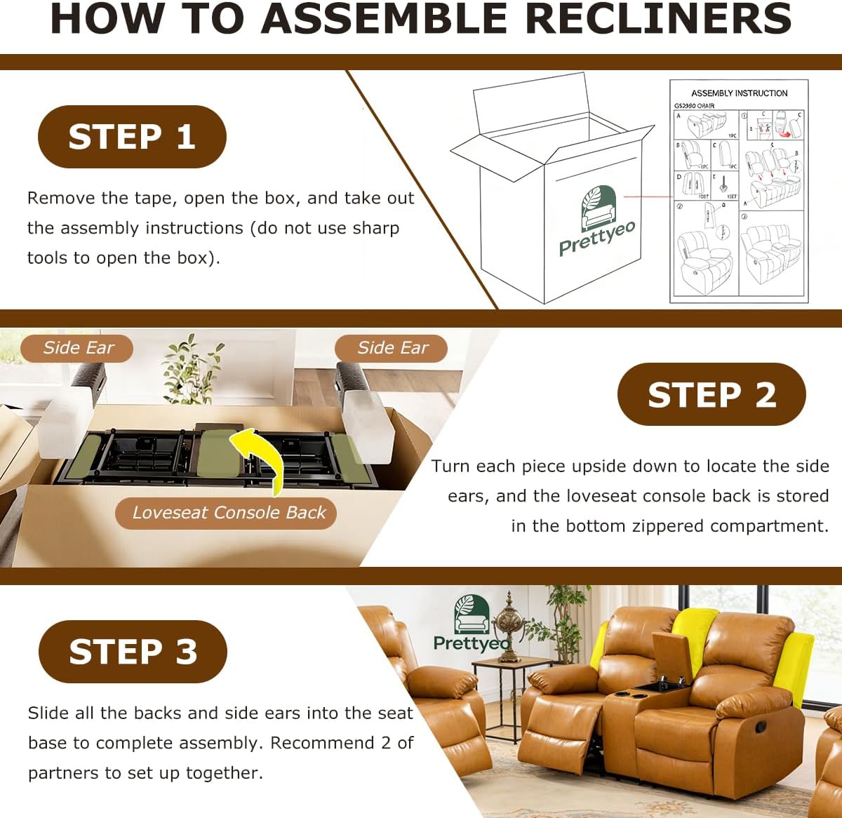 Faux Leather Recliner Sofa Set, Living Room Furniture Sets, Manual Reclining Couch Set, Classic Reclining Loveseat and 2 Recliner Chairs with Cup Holders/Storage for Home/Office/RV, Ginger