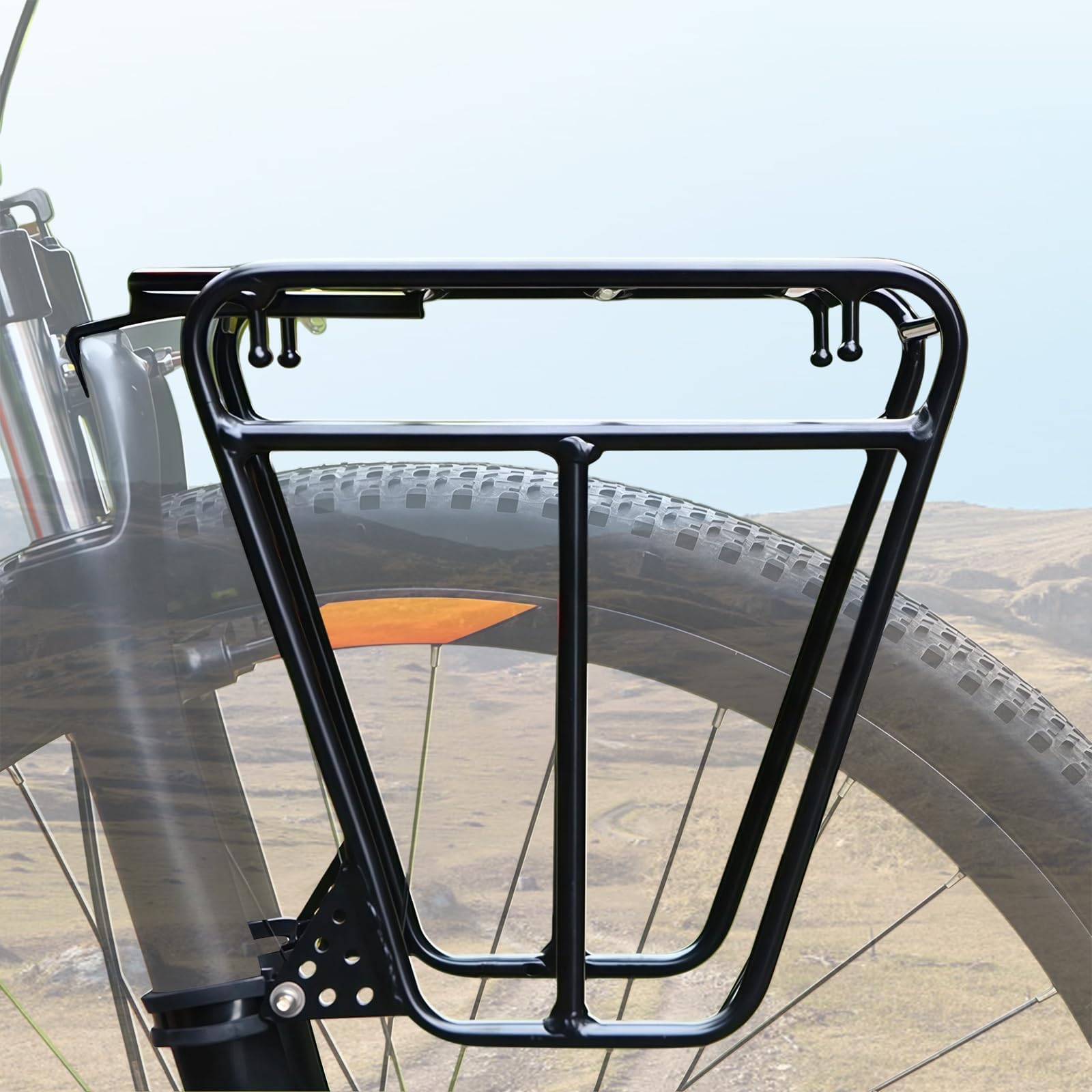Fahrrad Gepäckträger, Vorderrad-Frontträger aus Stahl, mit effektiver Schockdämpfung,speziell geeignet für MTB-Federgabeln mit Montageloch an der Gabelbrücke, perfekt für Straßen- und Offroad-Fahrten.
