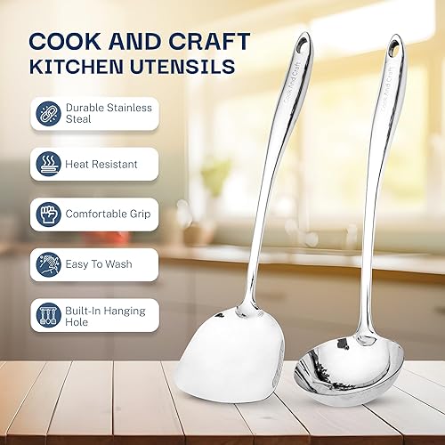 Miniatura 3 de Juego de utensilios de cocina de acero inoxidable de 5 piezas, utensilios de cocina de metal, espátula, cucharón, espátula ranurada, servidor de