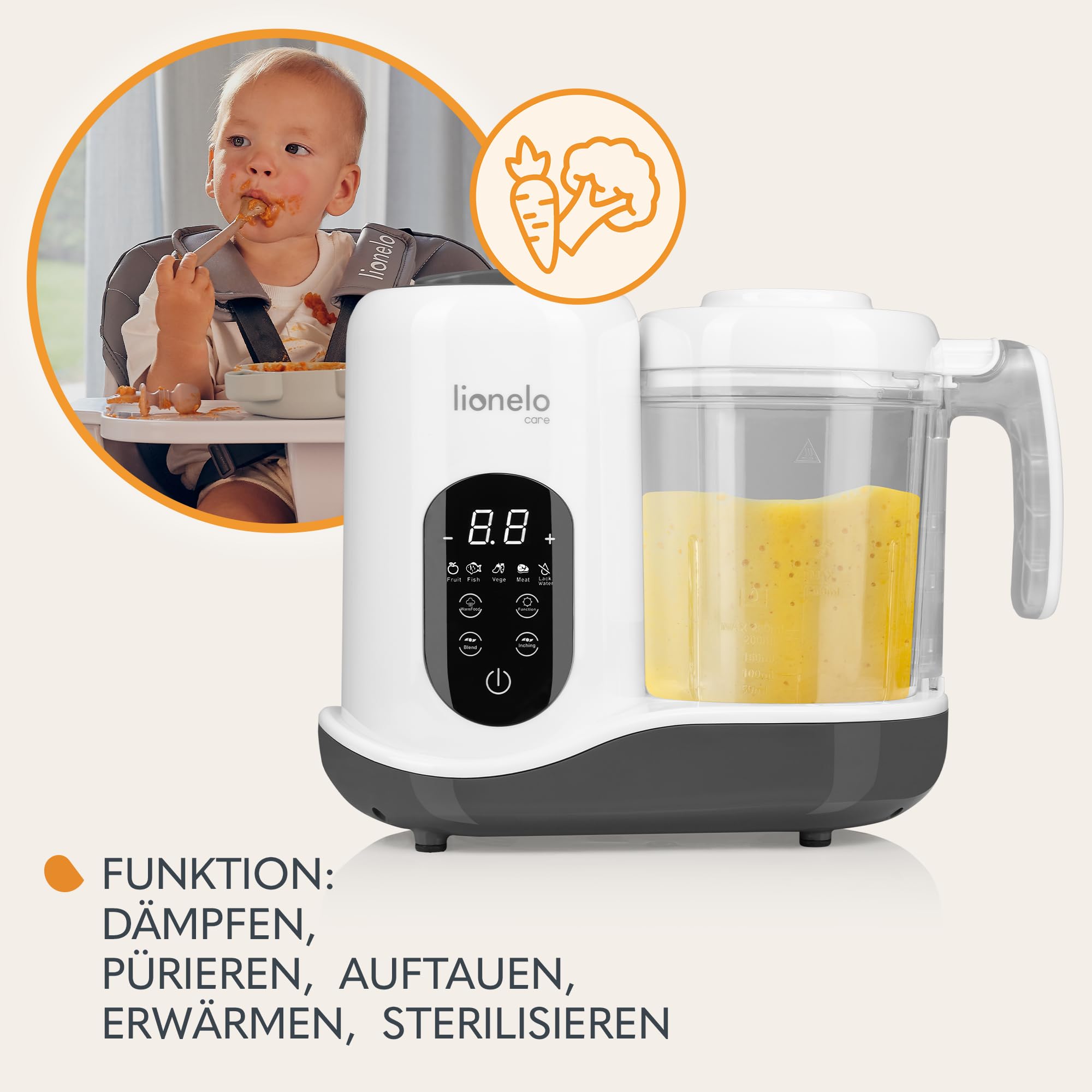LIONELO BABYMENU Küchenmaschine zur Zubereitung von Babynahrung | 4 Programme Dämpfen, Mixen, Erhitzen, Auftauen, Online-Rezepte, Weiß