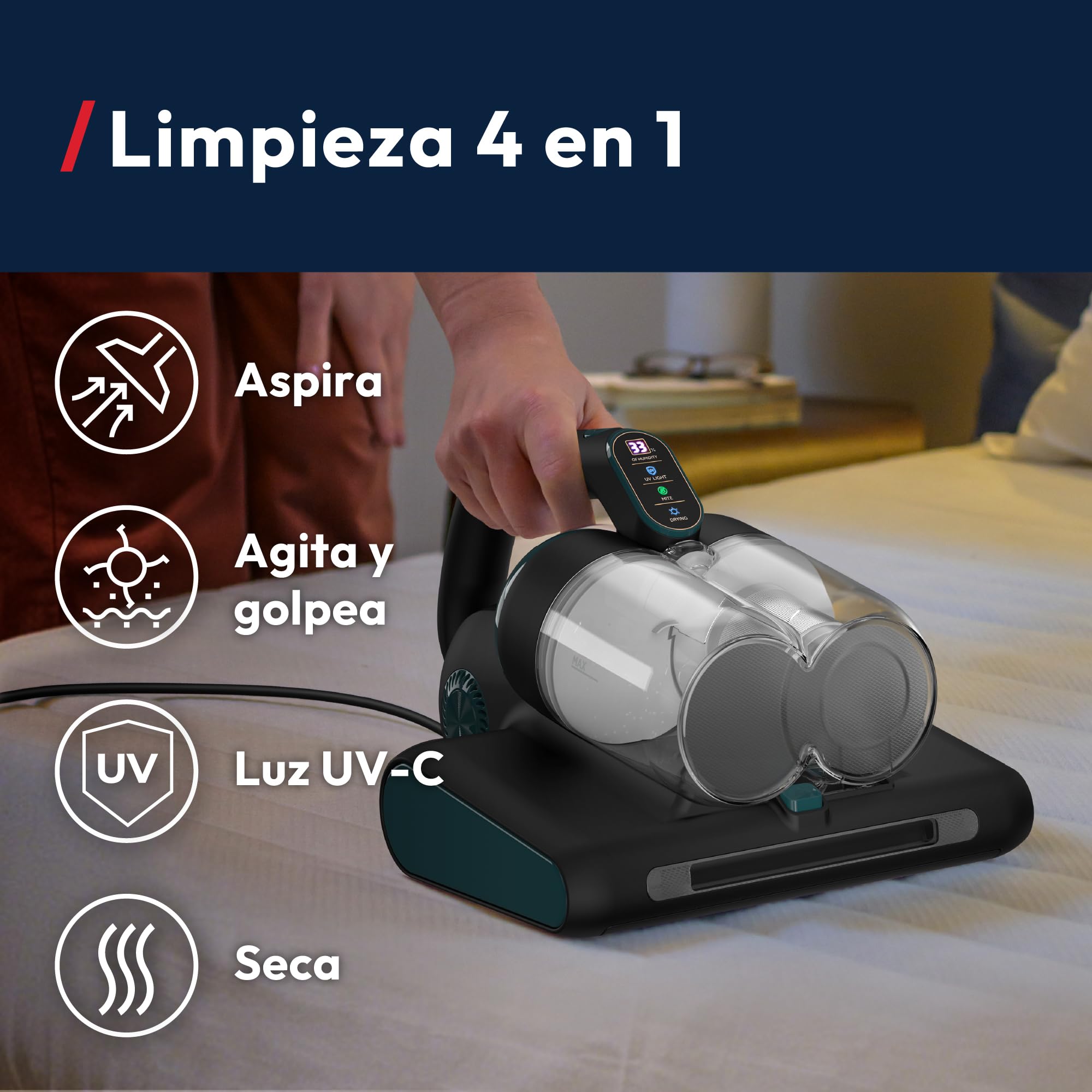 Hoover HMC5 Core Aspiradora de Mano para Colchones | 4 Funciones Auto | Beat&Roll, Aspiración, Luz UV y Secado, Ligera, Antiácaros para Camas, Sofás y Tapizados, 400W