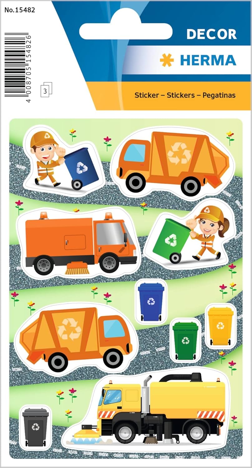 HERMA 15482 Stickers for Children, Waste Man (30 Stickers, Paper, Matte) Self-Adhesive, Permanent Adhesive Motif Labels for Girls and Boys, Col