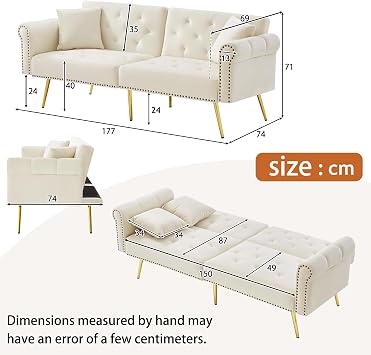 Couch Bed Double, Velvet U Shaped Sofa with 3 Stage Adjustable Backrest and Gold Metal Feet, Space Saving Double Sofas Couches with Sleeping Function, White
