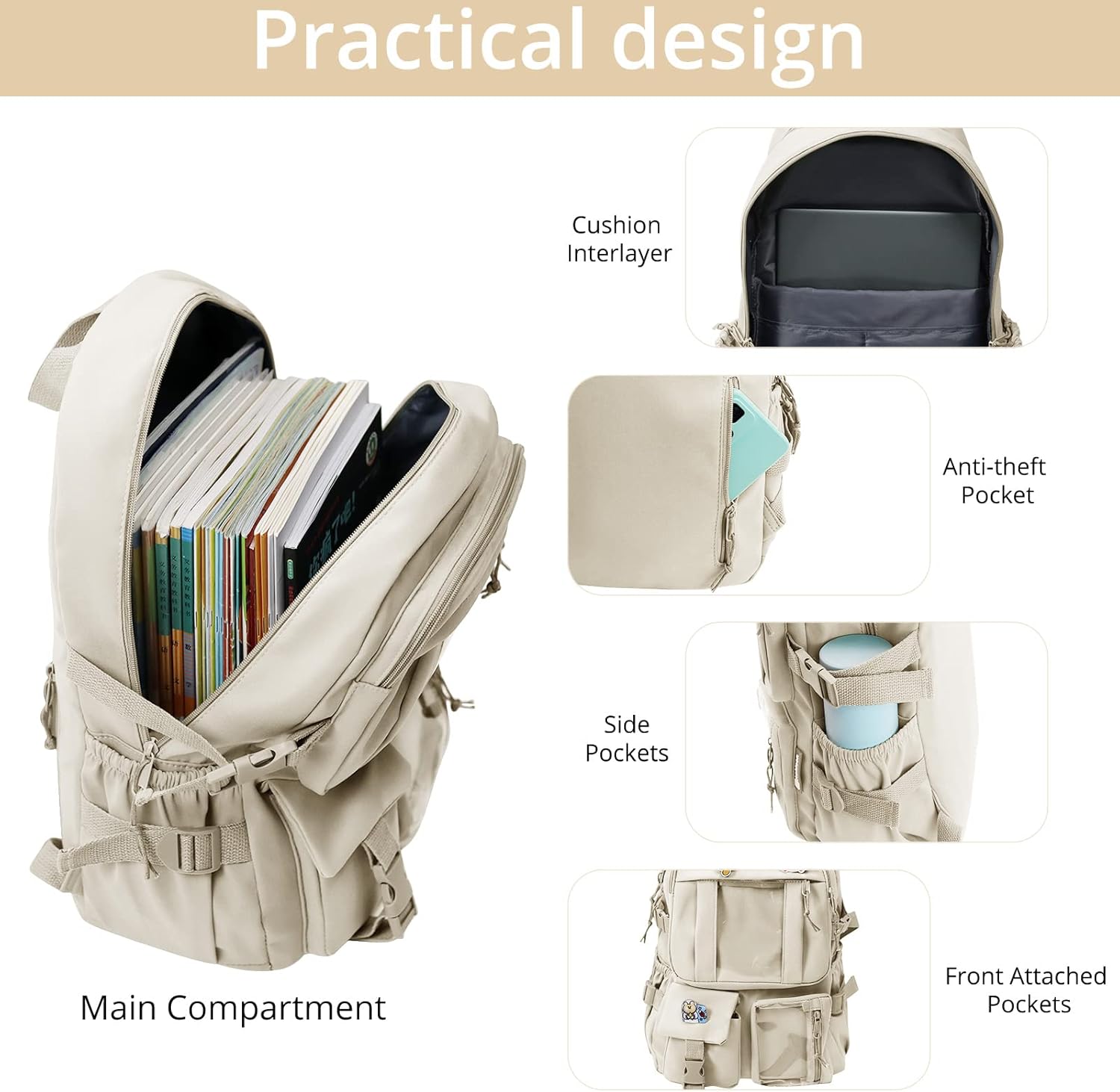 AoMoon Kawaii Backpack Lovely Pastel Rucksack for Teen Girls Aesthetic Student Bookbags with Kawaii Pin and Cute Accessories (White-C) One Size - Image 2