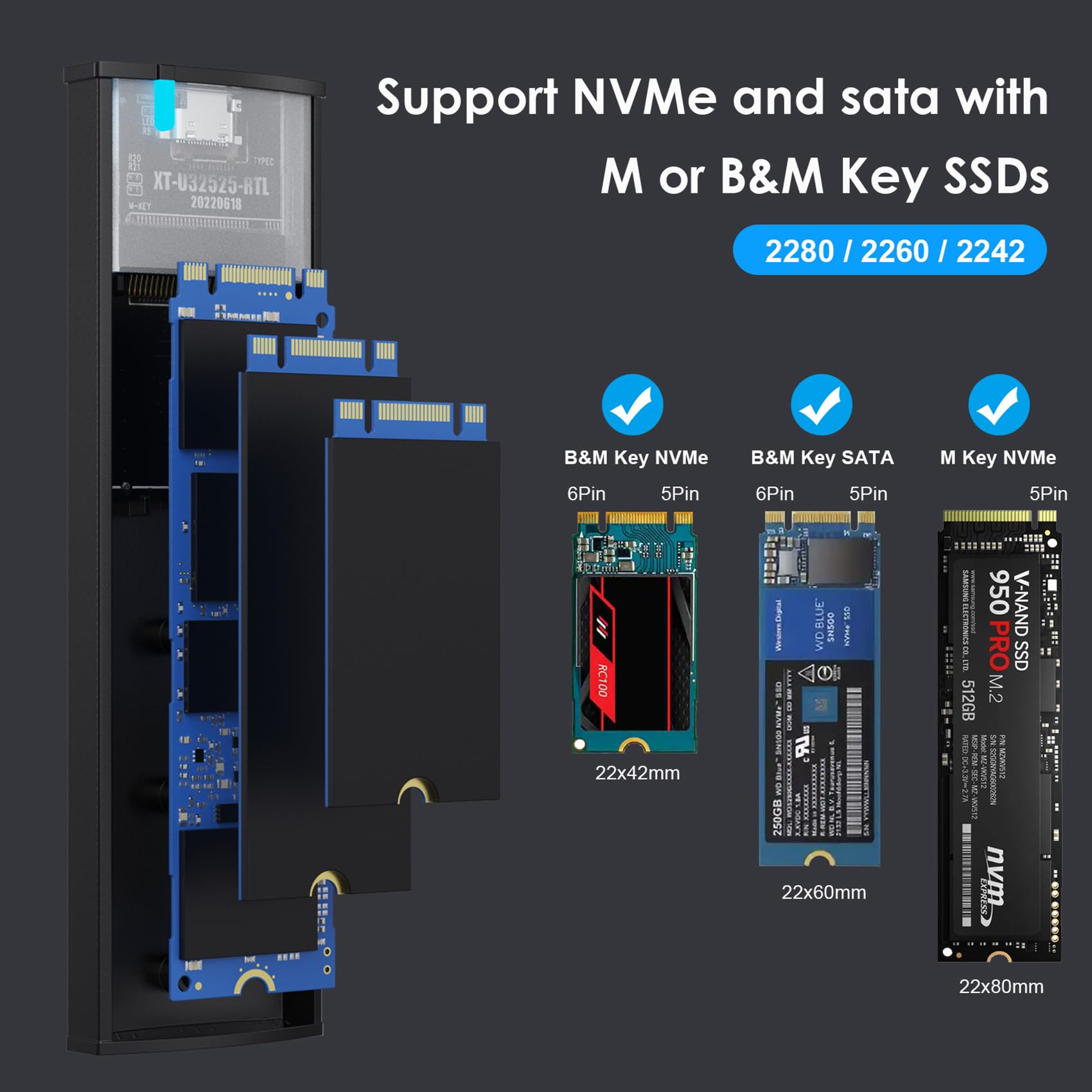 Boîtier SSD M.2 NVMe USB 3.1 Gen2 10Gbps - Compatible 2230/2280 NVMe SATA - Dissipation Aluminium