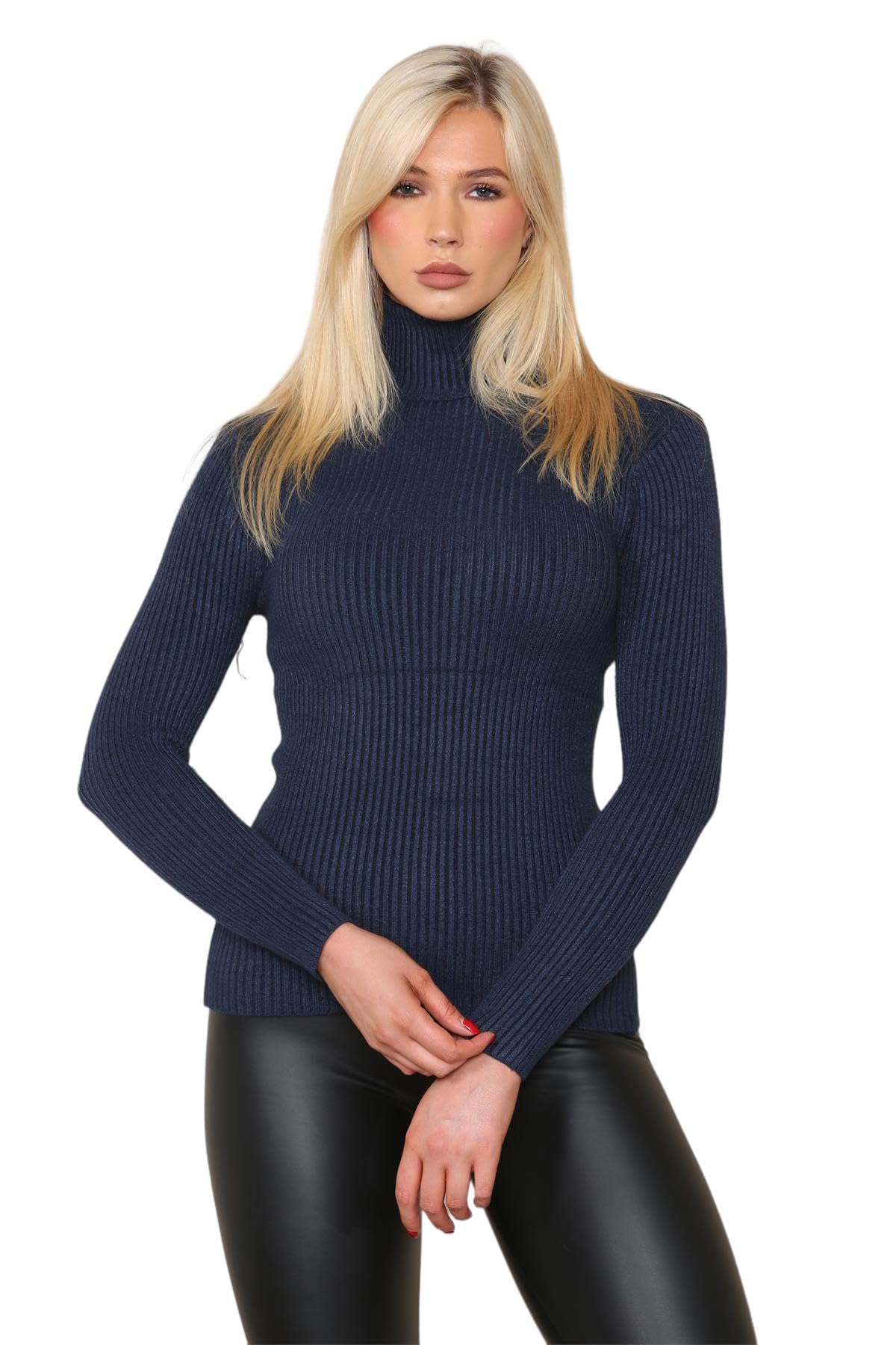 Ladies Rib Knit Polo Neck Jumper Christmas Eve Wool Sweater Winter Warm Knitted Tunic Womens Winter Warm Outdoor Fashion Sweatshirt Long Sleeve Jumper Top Navy