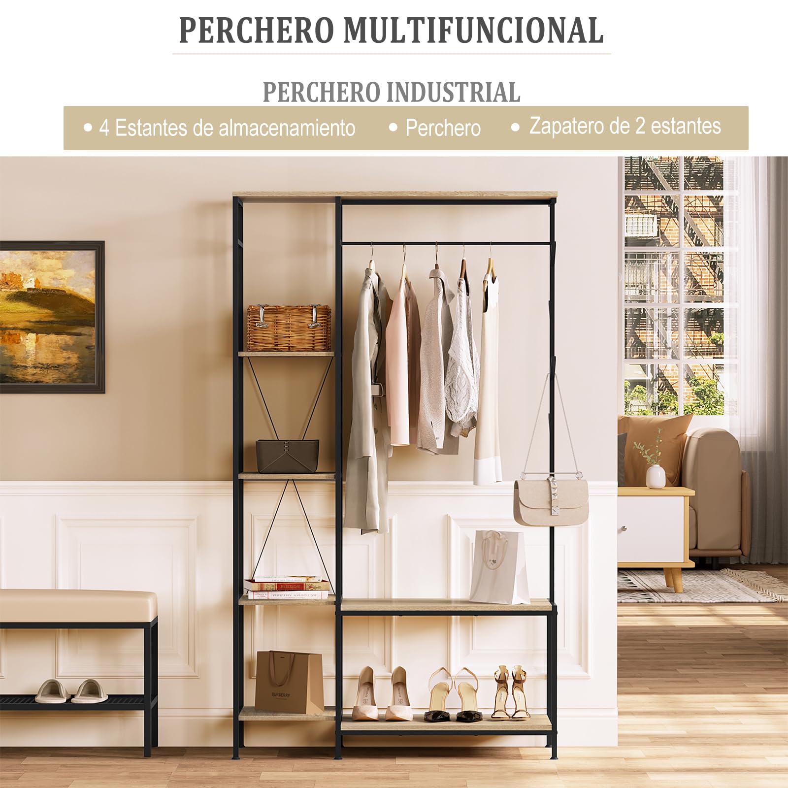 eSituro Perchero con banco 3 en 1, 4 estantes, 4 ganchos, para pasillo, oficina, dormitorio, 100 x 40 x 175 cm, roble claro y negro SGR0150