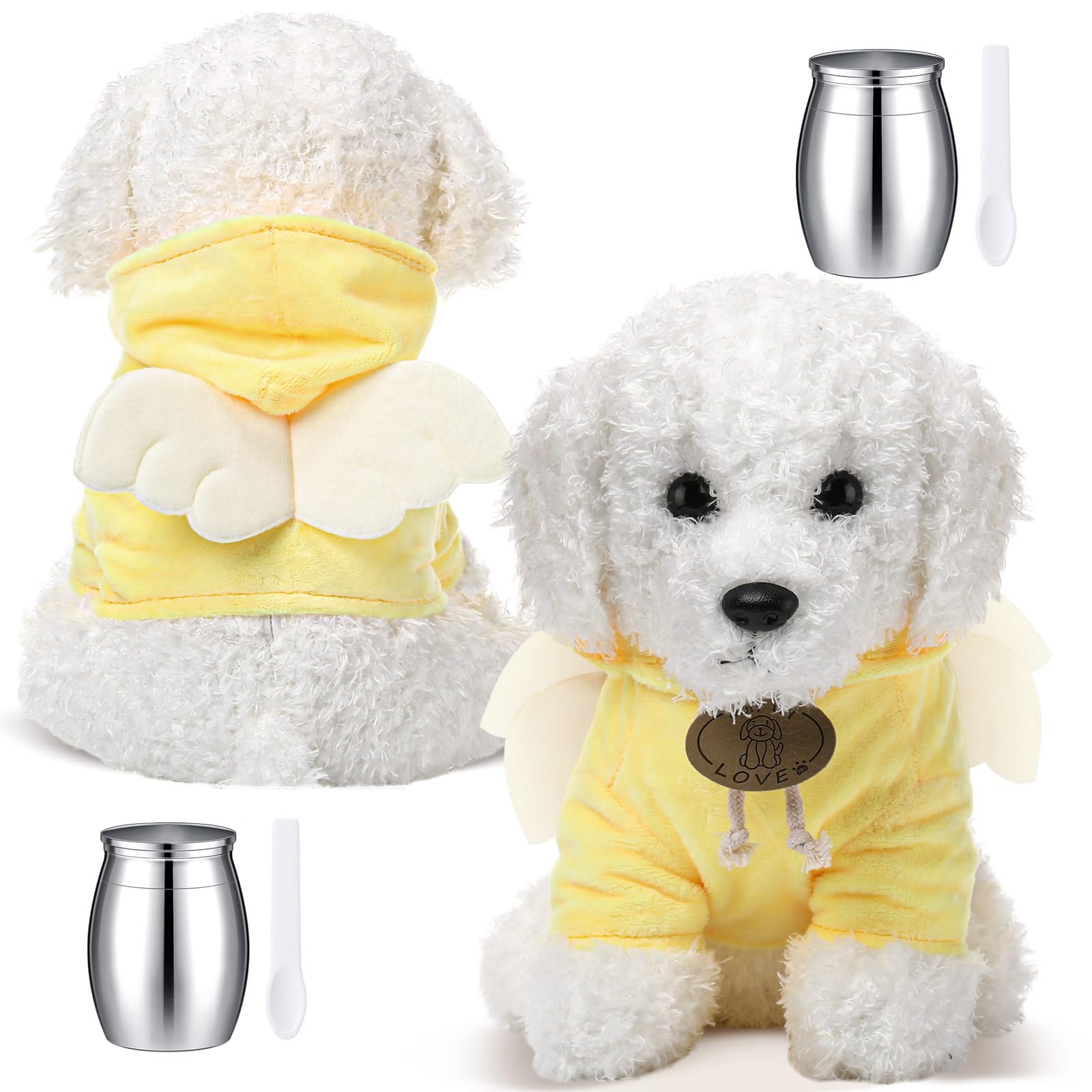 Shappy 2 Sets Cremation Stuffed Dog for Ashes Dog Stuffed Animal with Mini Urn Small Keepsake Urn for Human Pet Ashes with Angel Wing Spoon for Loss of Loved One Funeral Memorial Gift(White)
