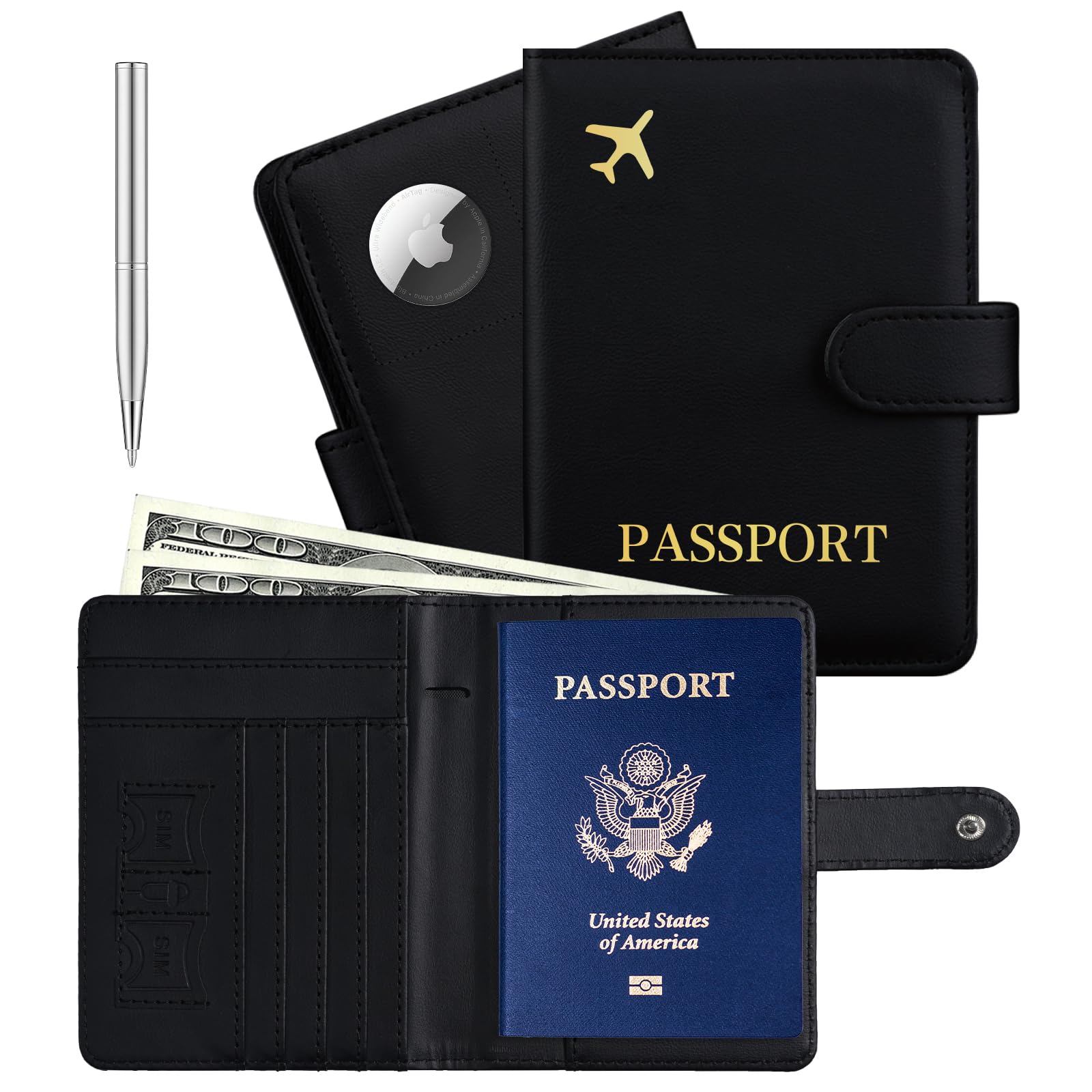 Beanumerous Passport Holder with Airtag Slot Cards Cash Air Ticket Pocket, Travle Gifts for Women Men RFID Blocking Wallet, Passport Book Cover Case