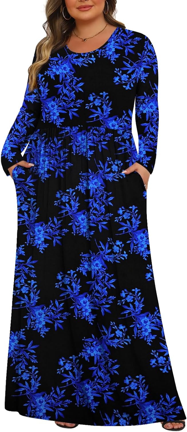Tencede Womens Plus Size Maxi Dresses Long Sleeve with Pockets Casual Long Dress 1X-5X