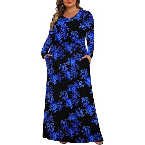 Tencede Womens Plus Size Maxi Dresses Long Sleeve with Pockets Casual Long Dress 1X-5X