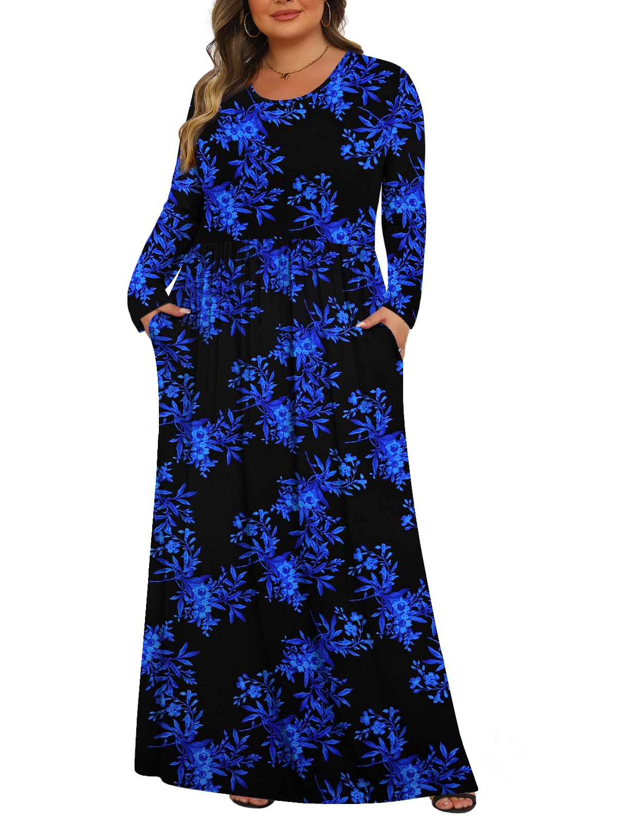 Tencede Womens Plus Size Maxi Dresses Long Sleeve with Pockets Casual Long Dress 1X-5X