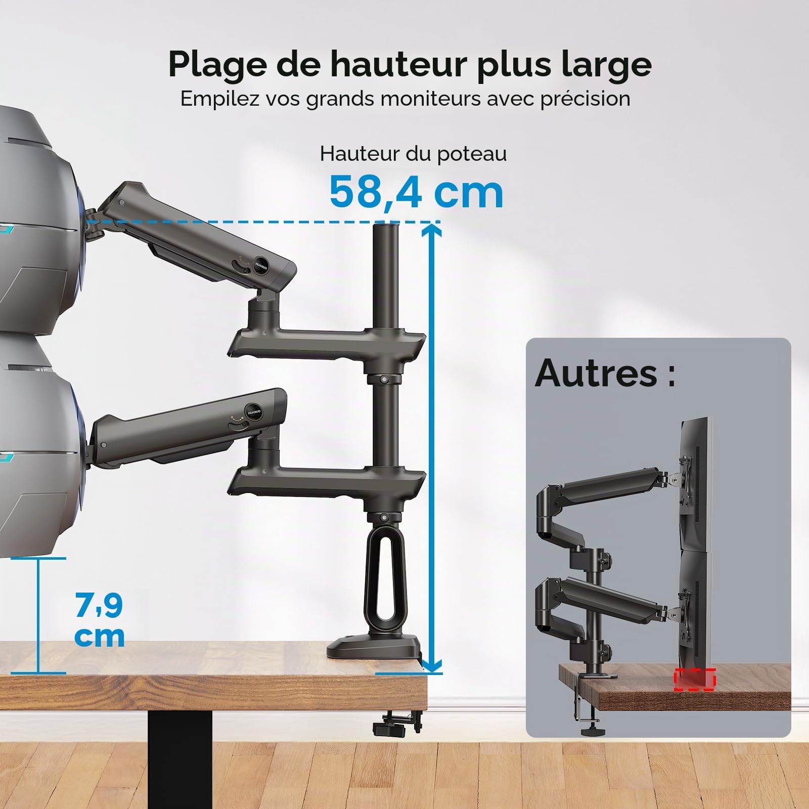 HUANUO Bras Écran PC 2 Écran Ultra-Large 13 à 49 Pouces à 18 kg, Support Double Écran PC Bureau Extra Haut e, Support Écran PC 2 Écran Empilé Verticalement et Réglable, VESA Max 100 x 100mm