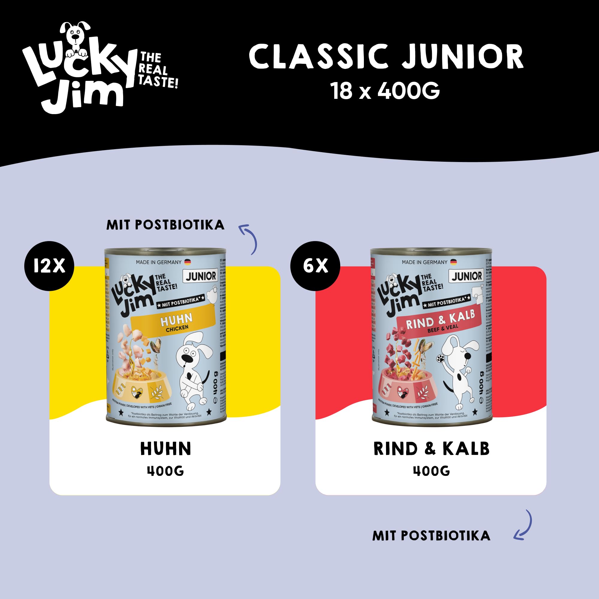 LUCKY JIM Huhn, Rind & Kalb JUNIOR Hundefutter nass - 18 x 400g Dosen - Nassfutter für Junge Hunde getreidefrei, ohne Zuckerzusatz & mit Postbiotika, Made in Germany, mit Tierärzten entwickelt