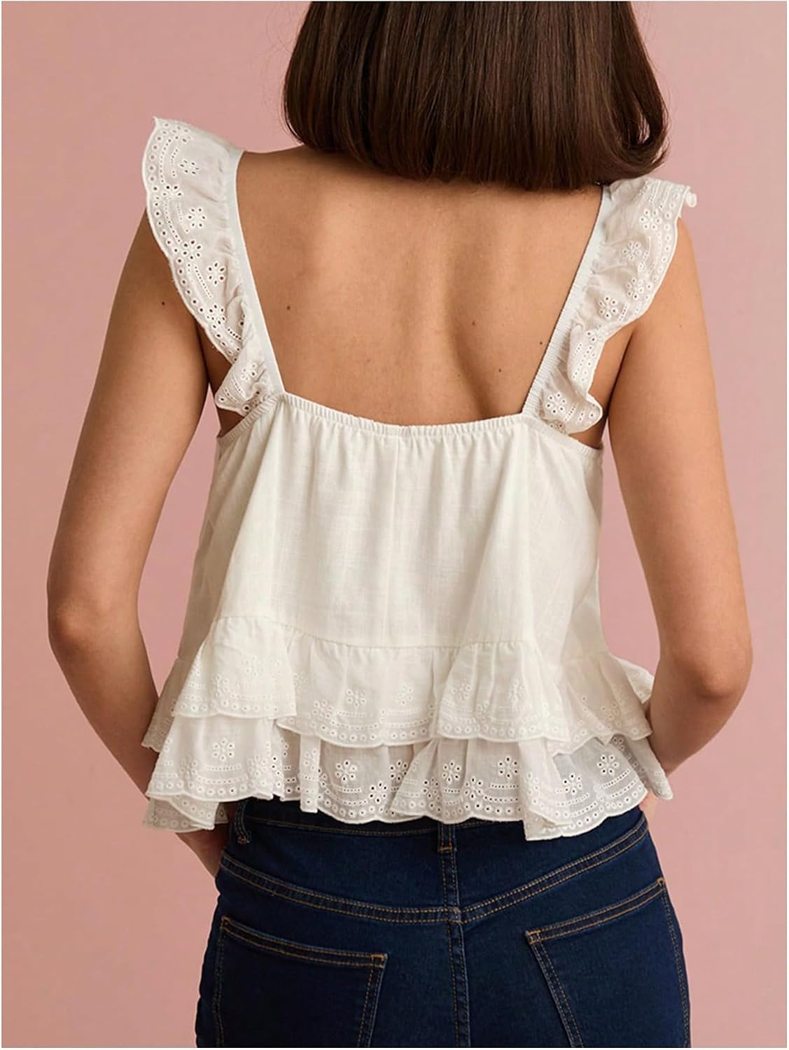 SHENHE Women's Summer Linen Tank Eyelet Ruffle Sleeveless Tie Bow Sweetheart Neck Dressy Tank Top
