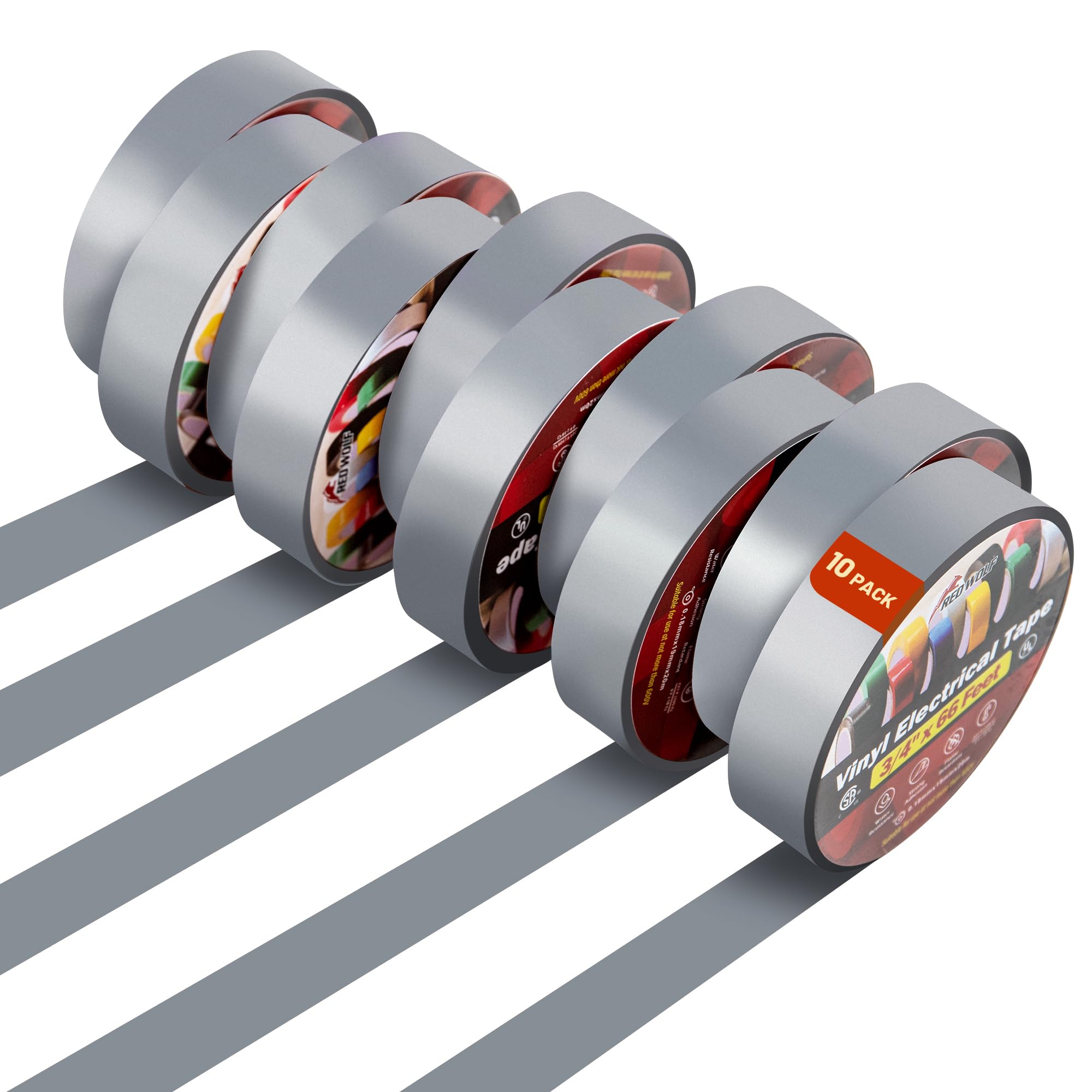RED WOLF Grey Electrical PVC Tape 19mm x 20m, 10-Pack