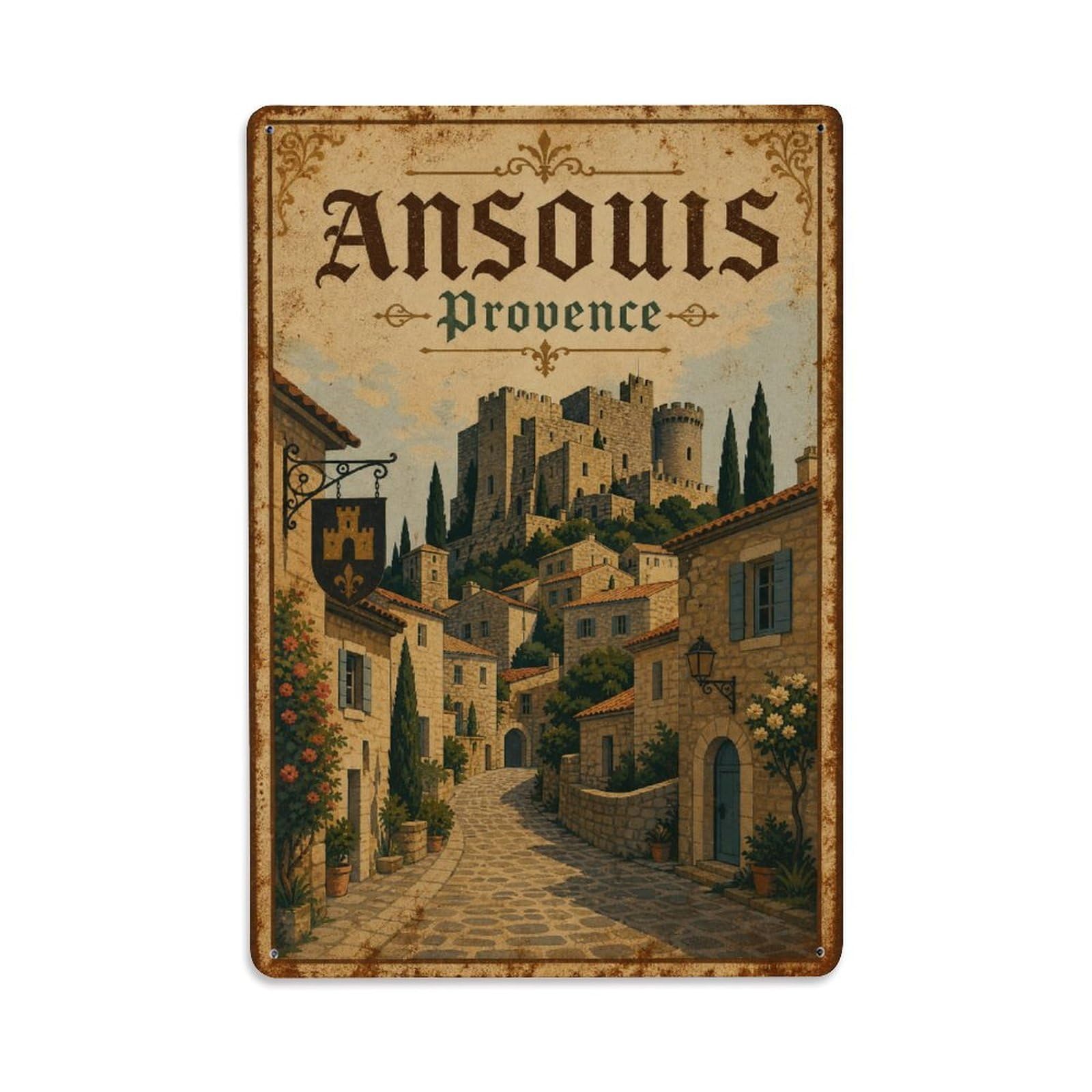 Gead 8X12inch Style Vintage Travel Ansouis Provence Medieval Metal Tin Sign