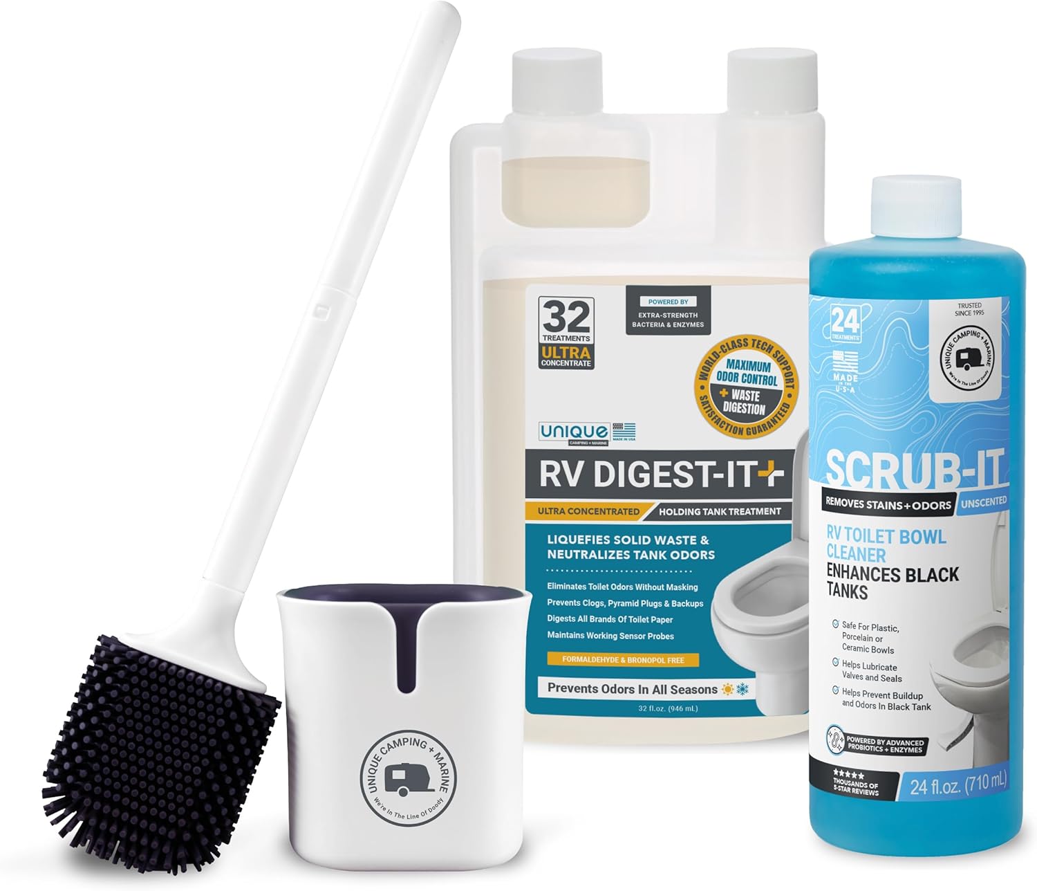 Unique RV Digest-It Ultra, Scrub-It, and Compact Toilet Bowl Brush - RV Toilet Treatment, Cleaner, and Brush - Packaging May Vary