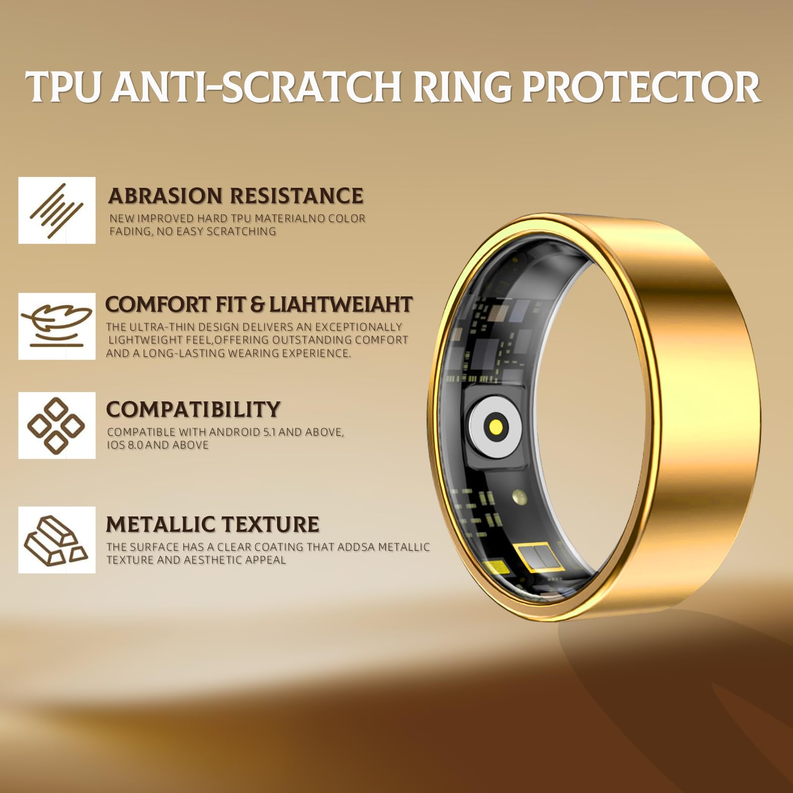 Bague Connectée Smart Ring pour Femme et Homme, Tracker Fitness avec Moniteur Fréquence Cardiaque, Sommeil, 100+ Sports, Podomètre, Étanche IP68, Sans Abonnement pour iOS and Android (Doré, 8)
