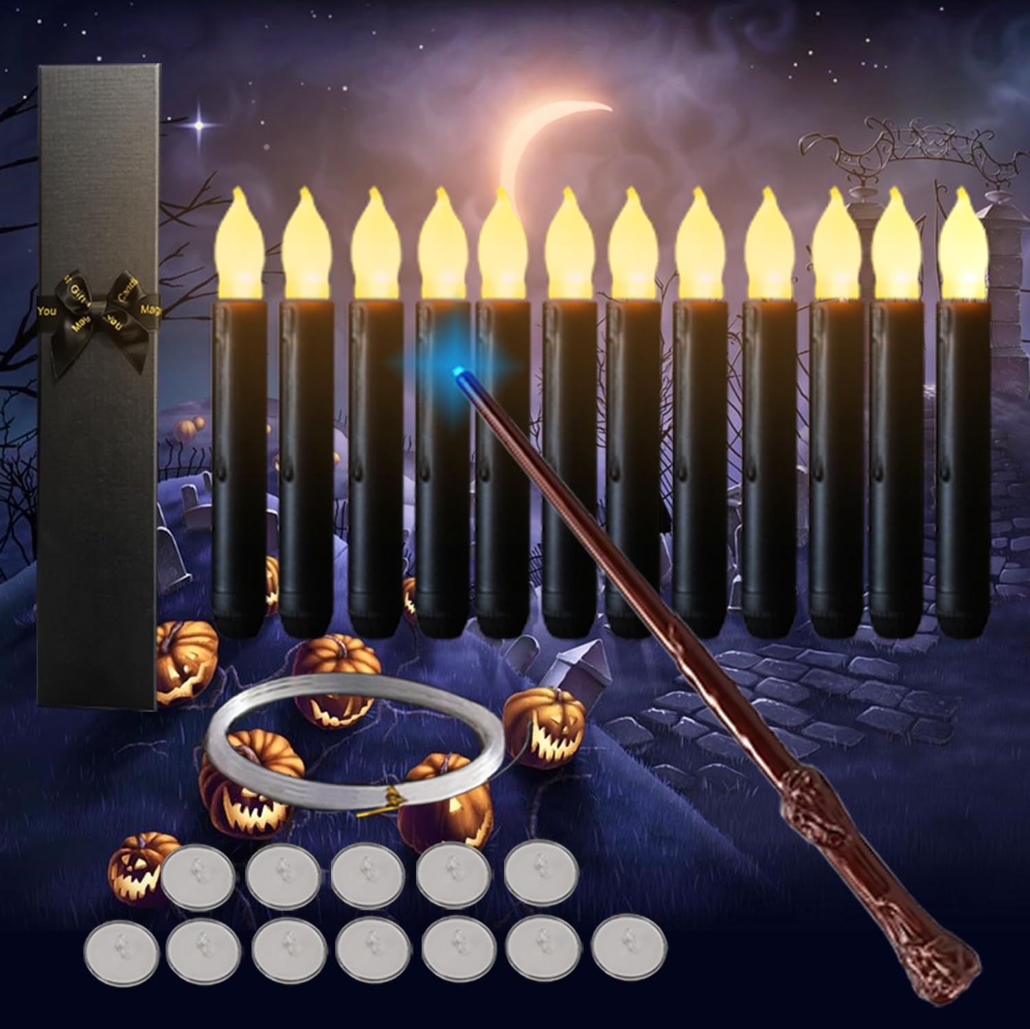Floating Black Candles with Magic Wand Remote, 12 PCs Hanging Candles, Flickering Warm Light Flameless Floating LED Candle with Wand Remote, Battery Operated Window Taper Candle Set for Halloween Deco