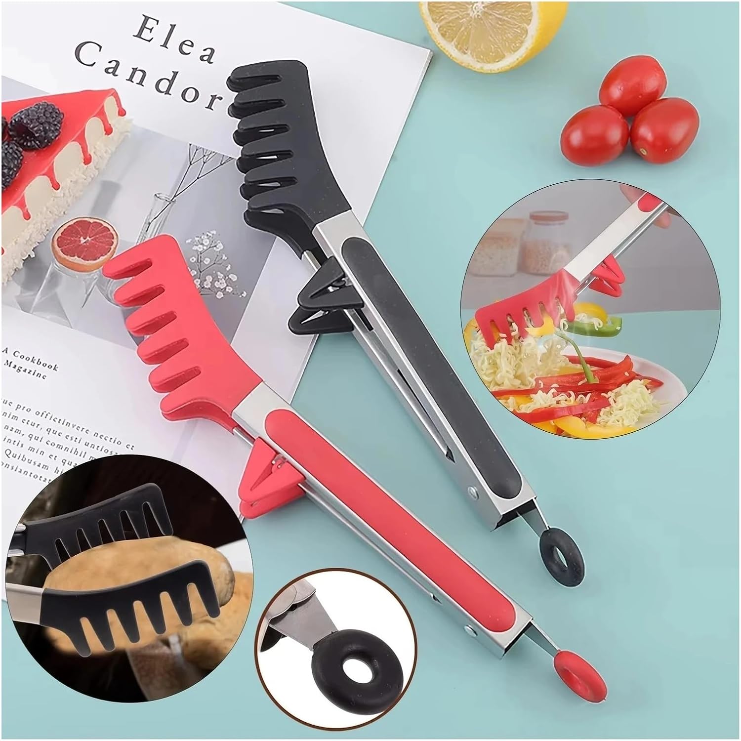 12-In Food Clip Noodle Tongs Silicone Non-Slip Serving Pasta Spaghetti Tong Stainless Steel Handle Serrated(Black 1PC)
