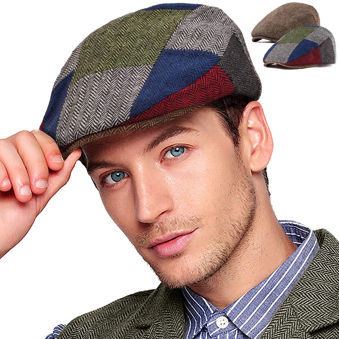 2-Pack Adjustable Newsboy Hats for Men Flat Cap Irish Wool Blend Tweed