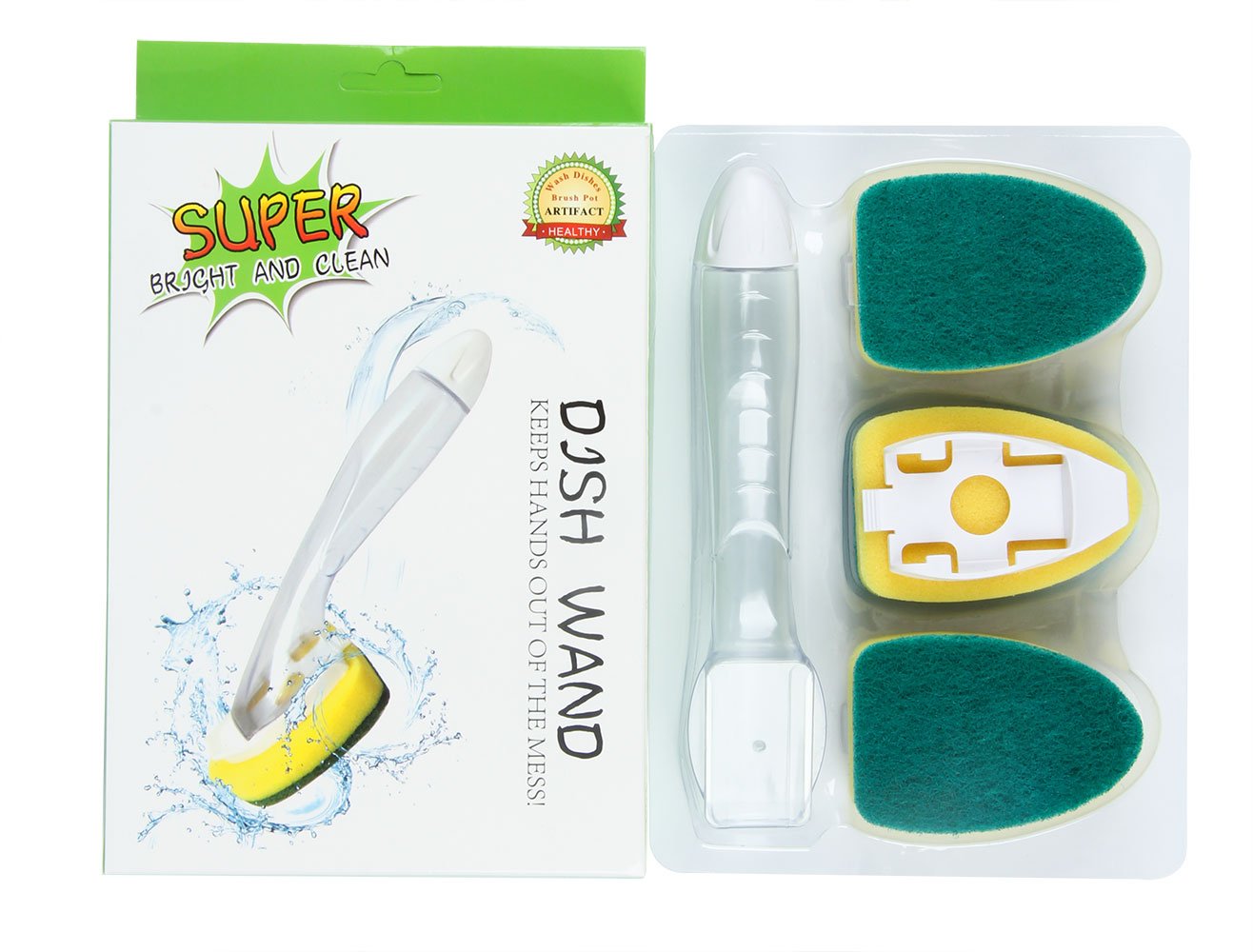 Dish Brushes Soap Dispensing Strong & Durable - 3 x Dishmatic Washing Up Brushes with Heavy Duty Sponge (Green)