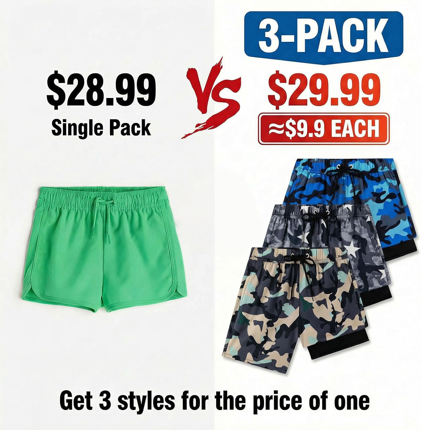 Boys Swim Trunks with Compression Liner 1-3 Pack, Bathing Suit, UPF 50+, Beach Shorts for 5-16 Years
