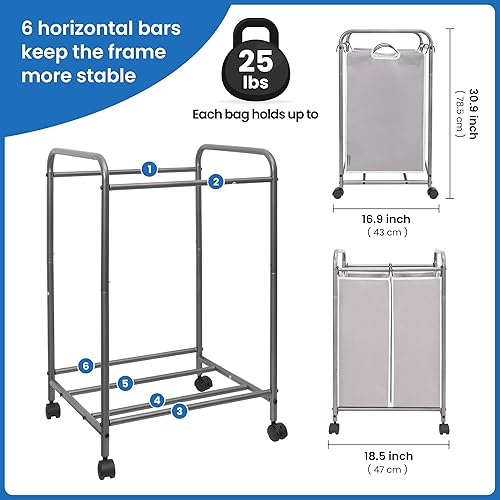 Miniatura 4 de STORAGE MANIAC Clasificador de ropa sucia de 2 secciones, cesta de lavandería de 90 litros con ruedas, clasificador separador de cesta de ropa,