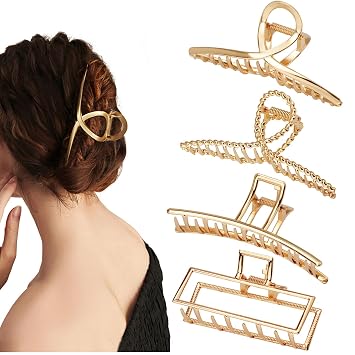 Parcce 4 Pack Large Metal Hair Clips for Thin to Thick Curly Hair, 4.3 Inch Big Nonslip Gold Color Clamps, Perfect Fashion Jaw Claw Hair Styling Accessories for Women and Girls, Christmas Gifts