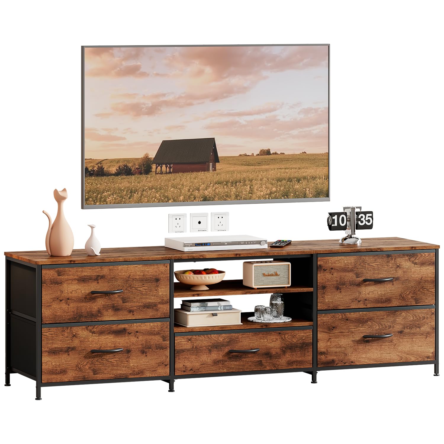 TV-Schrank,Fernsehschrank,Lowboard für Fernseher bis zu 65 Zoll,TV Board mit 5 Schubladen aus Stoff,2 offenen Fächern,Fernsehtisch mit Stahlgestell für Wohnzimmer,30 x 140 x 50 cm (Braun)