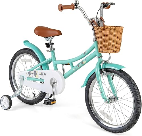 Miniatura 10 de BABY JOY Bicicleta retro para niños, 12, 14, 16, 18 pulgadas, para niños de 3 a 8 años, con cesta de ratán, altura ajustable, ruedas de Amarillo