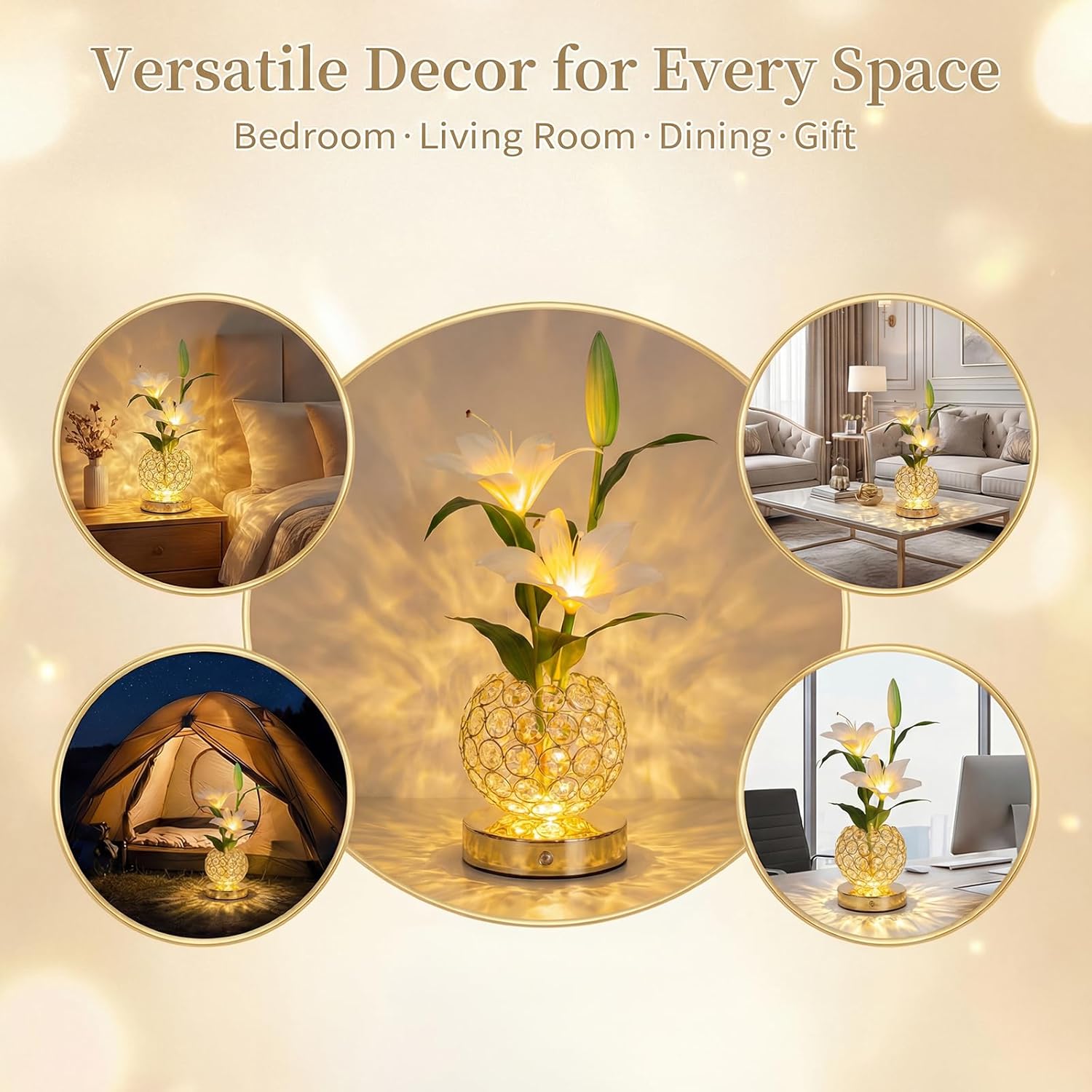 Stargazer Lily Flowers Table Lamp, Rechargeable Cordless Touch Crystal Lamp with 3 Color Modes, Easter Lily Night Light for Bedroom Kitchen Office Decor, Birthday Mothers Day Gifts for Women Mom