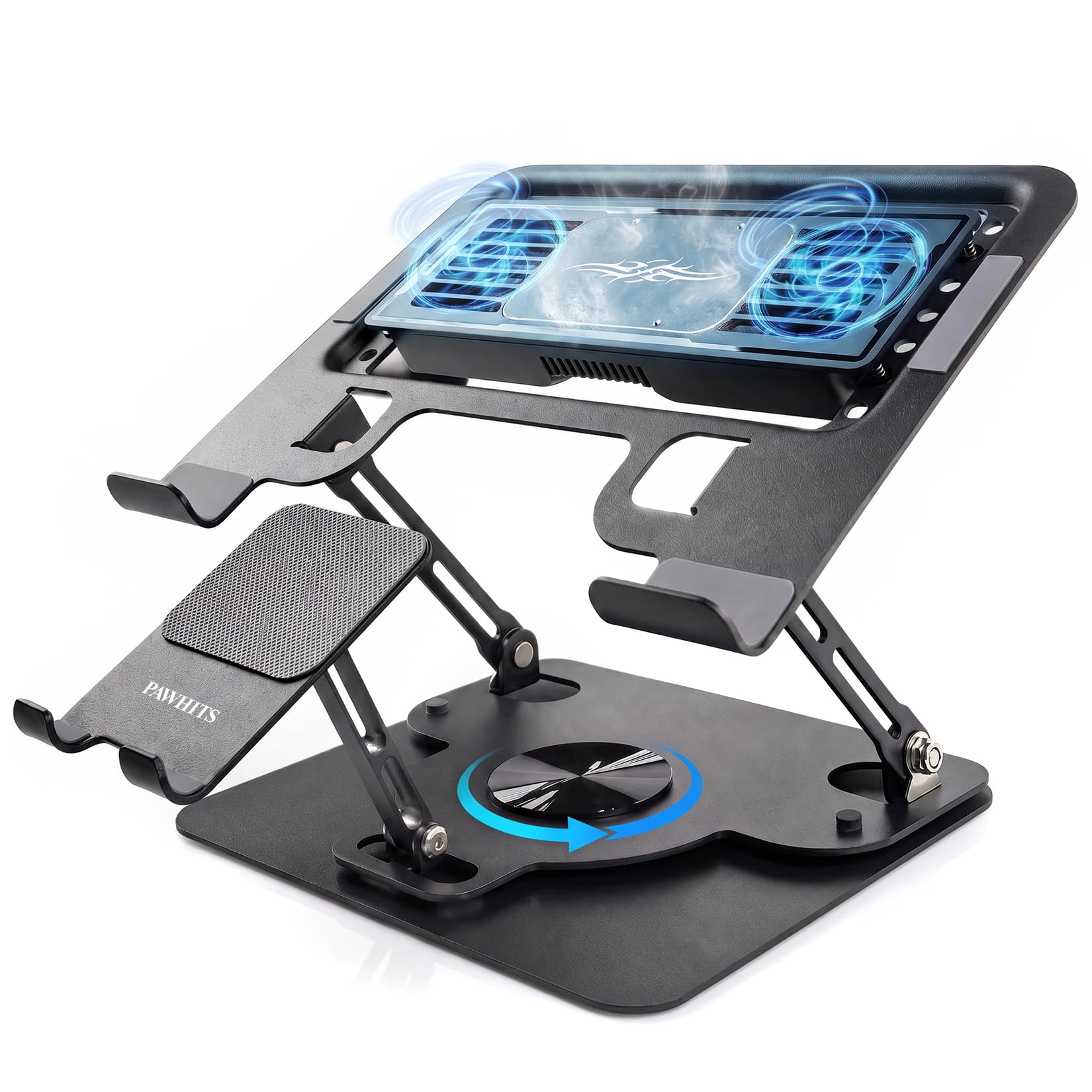 Base di raffreddamento per laptop con ventola e raffreddamento staccabili, supporto regolabile 2 in 1 per laptop e telefono, base girevole a 360°, struttura in acciaio al carbonio per laptop