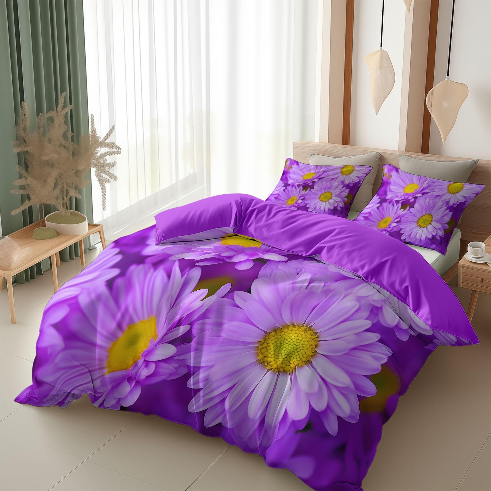 Poszwa na kołdrę 260 x 240 cm chryzantemy sztuka romantyczna fioletowy komplet pościeli, 3-częściowy zestaw z zamkiem błyskawicznym - pościel dla 2 osób dorosłych z 2 poszewkami na poduszki 65x65 cm