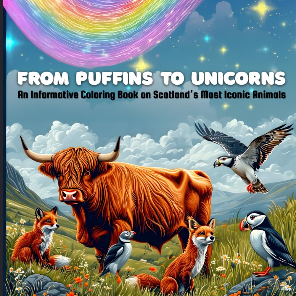 From Puffins to Unicorns: An Informative Coloring Book on Scotland’s Most Iconic Animals: Highland Cow, Grey Seal, Red Squirrel, Scottish Wildcat, Golden Eagle, Osprey, and many more Scottish Animals
