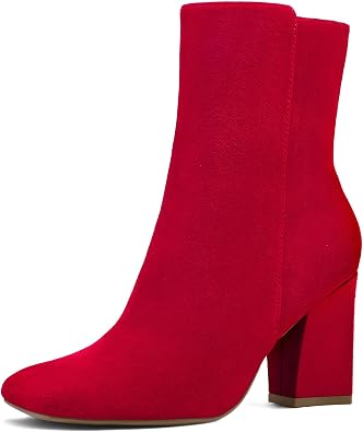 mysoft Womens Ankle Boots Square Toe Side Zipper GoGo Boots Chunky Block Heel Mid Calf Low Heeled Short Booties